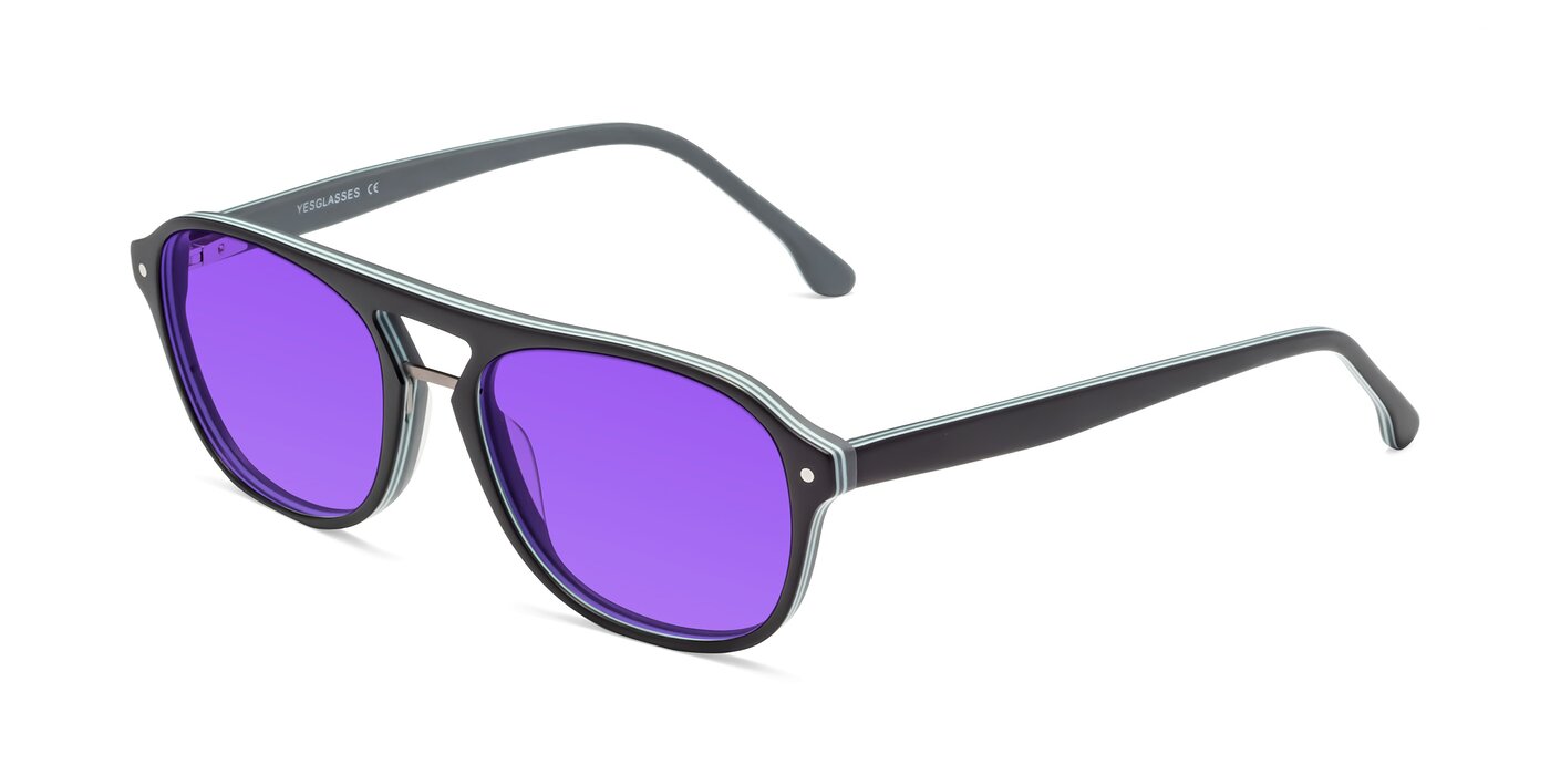 Matte Black Grandpa Acetate Aviator Tinted Sunglasses With Purple Sunwear Lenses 17416