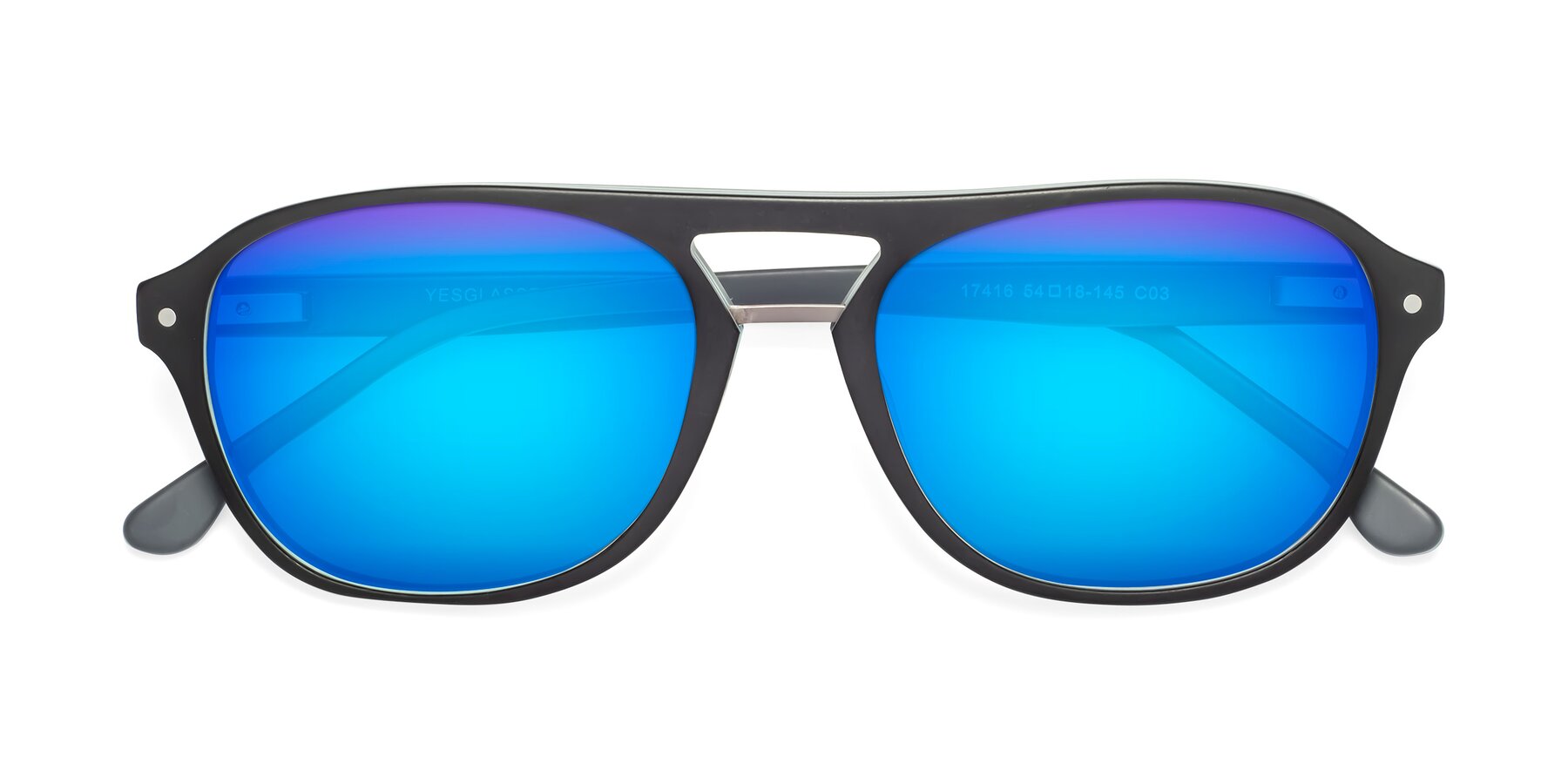 Folded Front of 17416 in Matte Black with Blue Mirrored Lenses