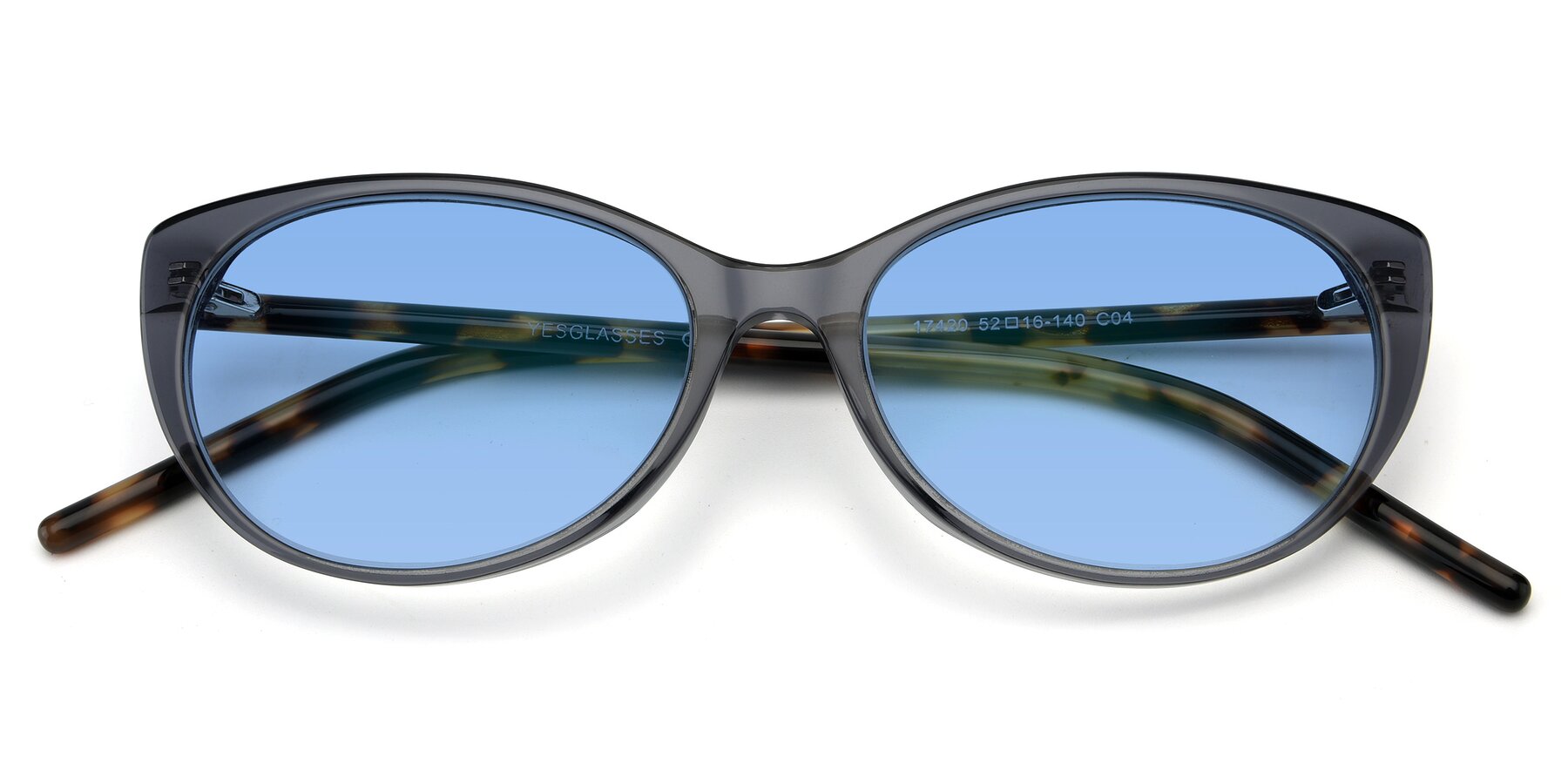 Folded Front of 17420 in Transparent Grey with Medium Blue Tinted Lenses