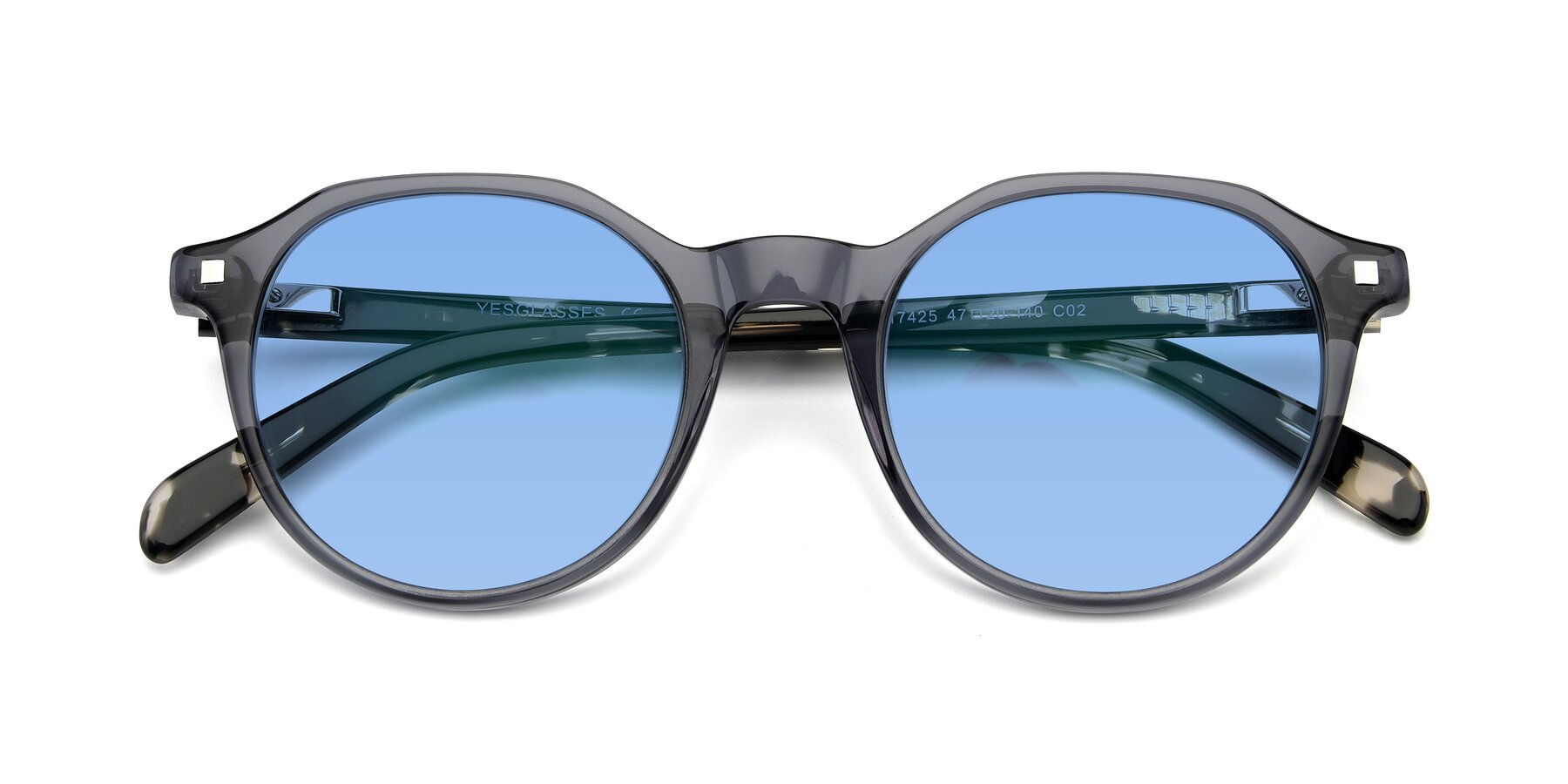 Folded Front of 17425 in Transparent Grey with Medium Blue Tinted Lenses