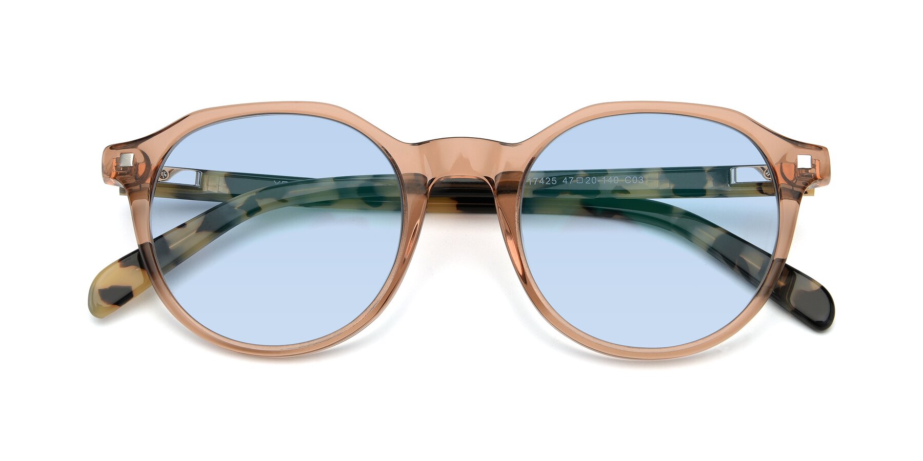 Folded Front of 17425 in Transparent Caramel with Light Blue Tinted Lenses