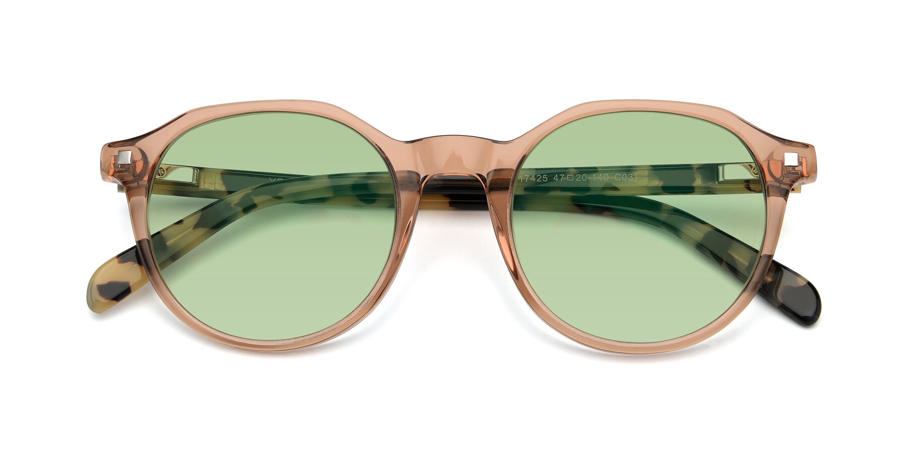 Folded Front of 17425 in Transparent Caramel with Medium Green Tinted Lenses