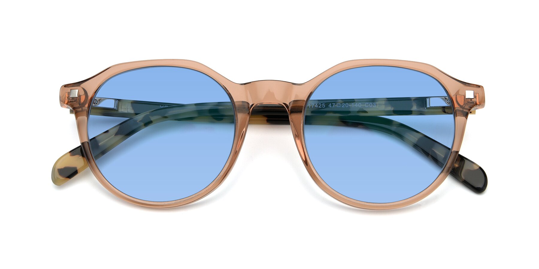 Folded Front of 17425 in Transparent Caramel with Medium Blue Tinted Lenses
