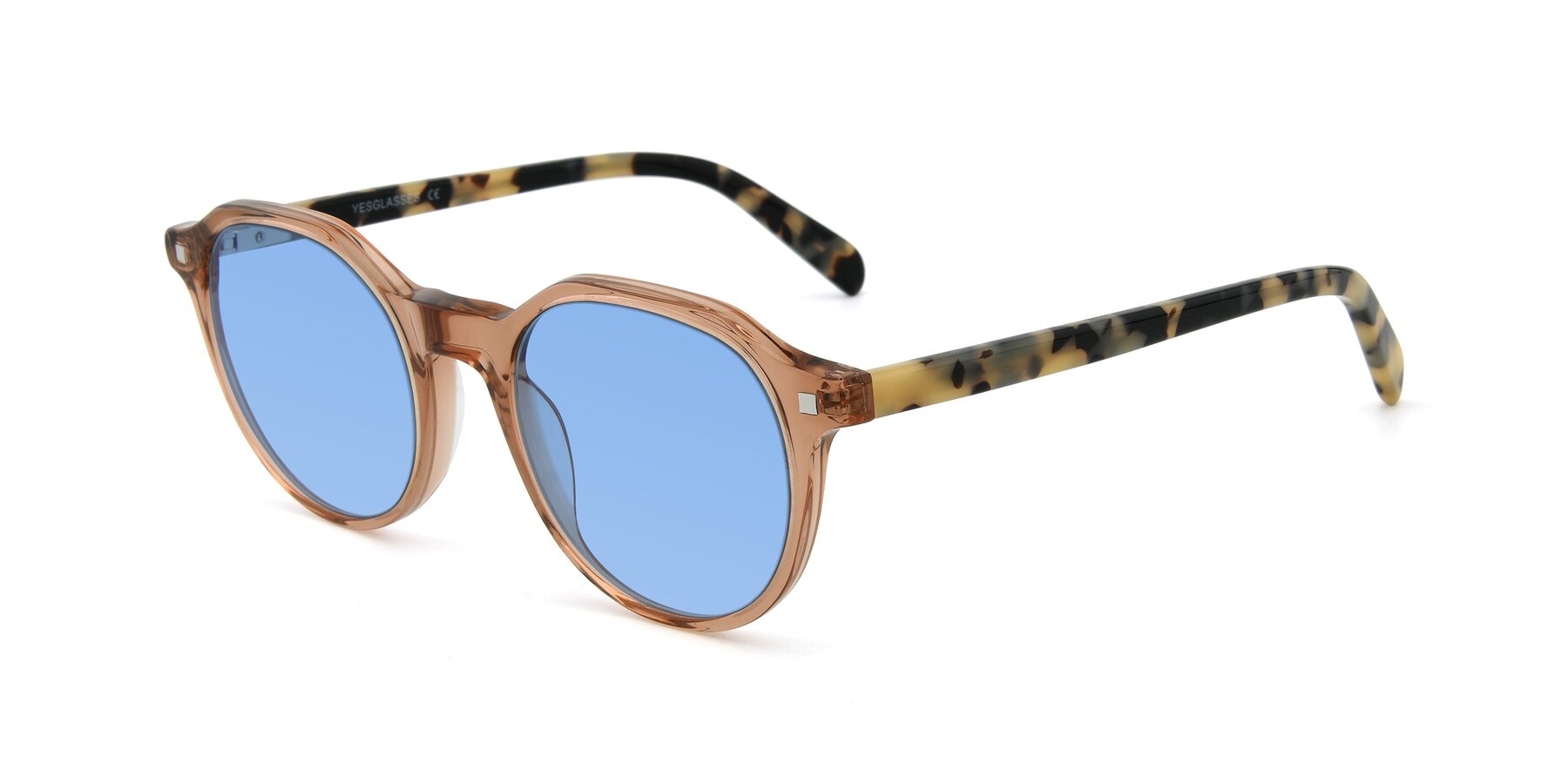 Angle of 17425 in Transparent Caramel with Medium Blue Tinted Lenses