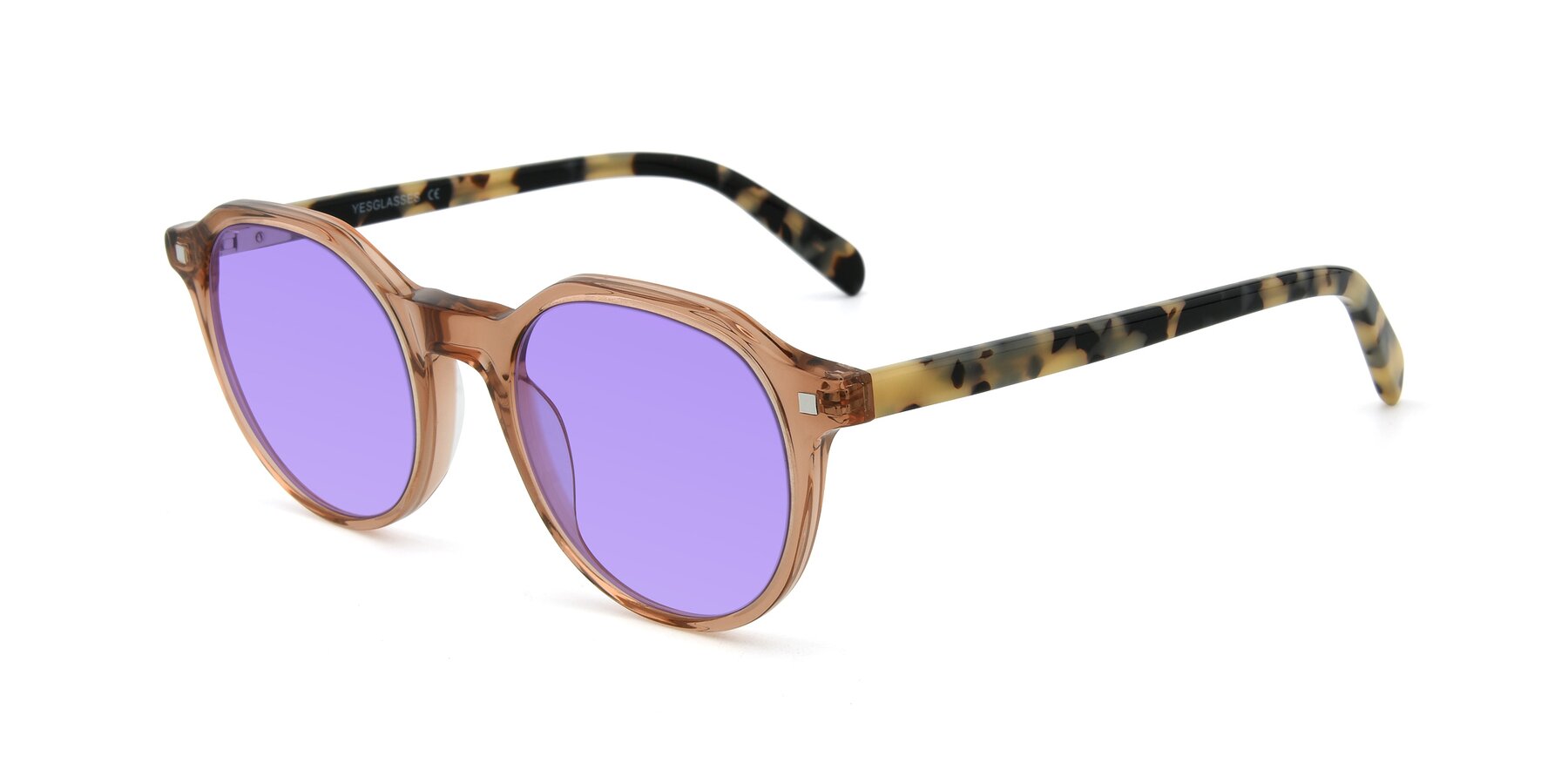 Angle of 17425 in Transparent Caramel with Medium Purple Tinted Lenses
