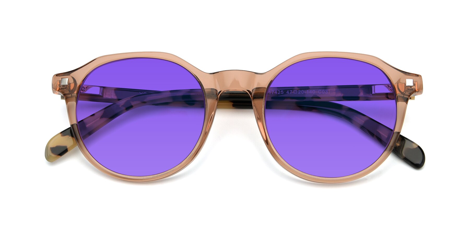 Folded Front of 17425 in Transparent Caramel with Purple Tinted Lenses