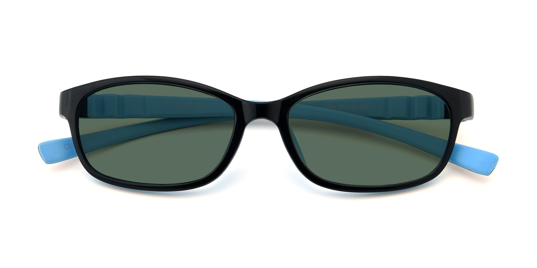 Folded Front of 556 in Black-Sky Blue with Green Polarized Lenses