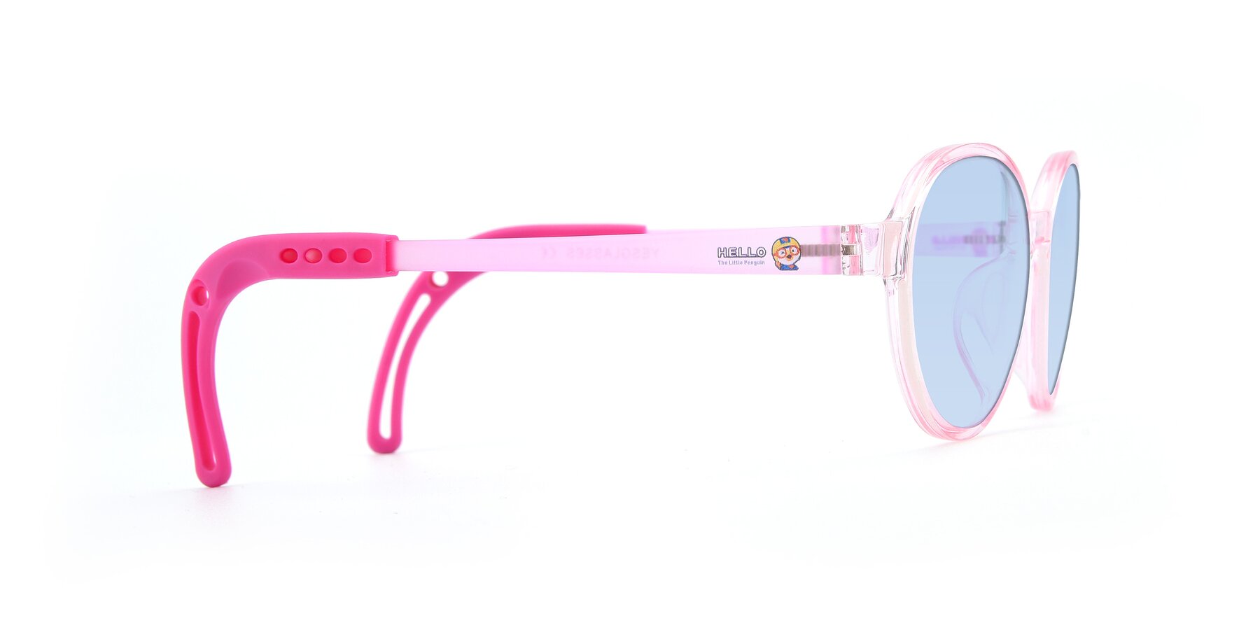 Side of 1020 in Tranparent Pink with Light Blue Tinted Lenses