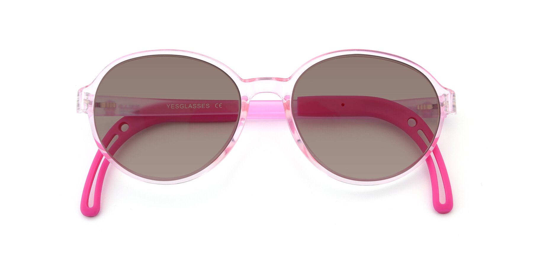 Folded Front of 1020 in Tranparent Pink with Medium Brown Tinted Lenses