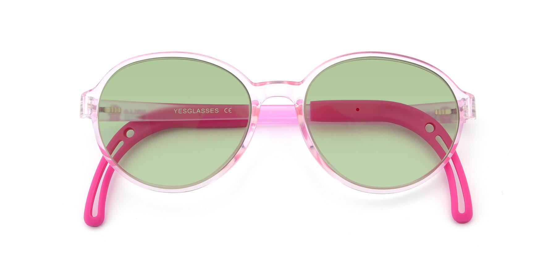 Folded Front of 1020 in Tranparent Pink with Medium Green Tinted Lenses