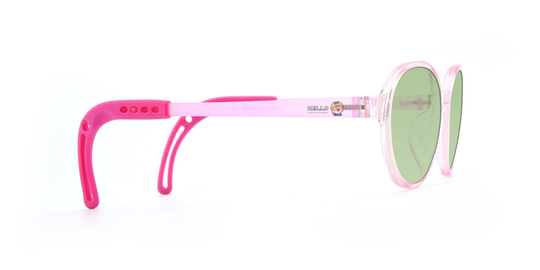 Side of 1020 in Tranparent Pink with Medium Green Tinted Lenses