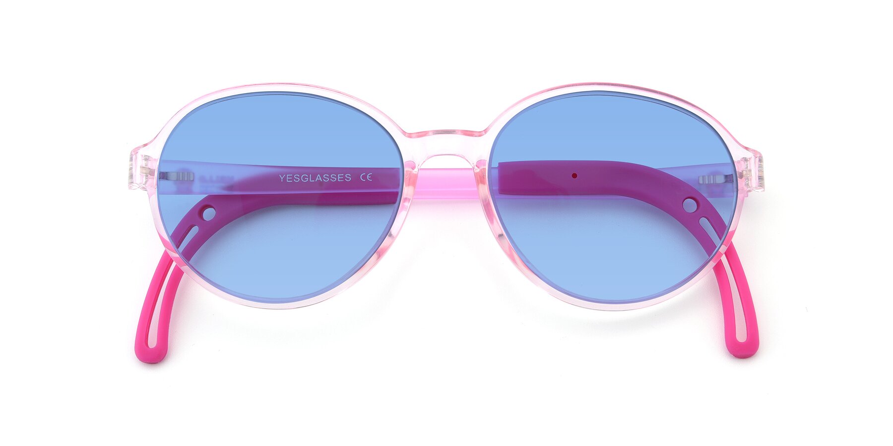 Folded Front of 1020 in Tranparent Pink with Medium Blue Tinted Lenses