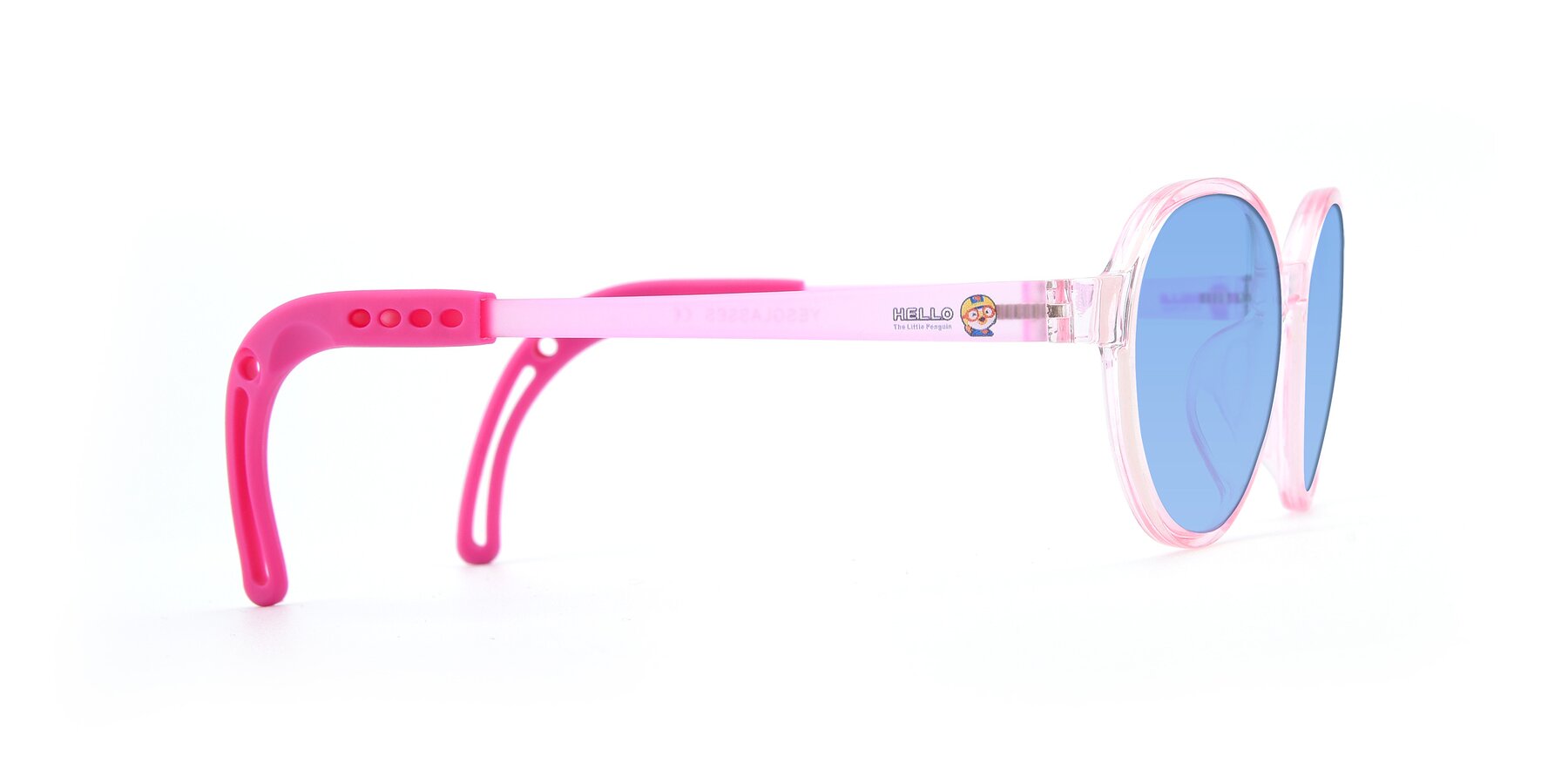 Side of 1020 in Tranparent Pink with Medium Blue Tinted Lenses