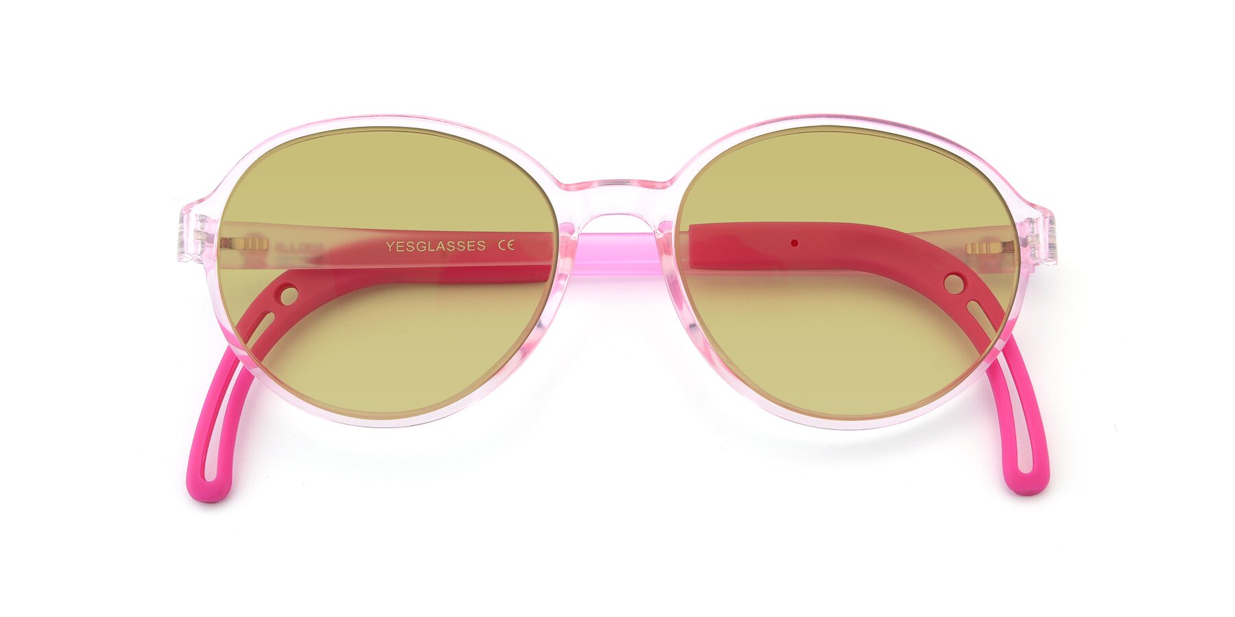Folded Front of 1020 in Tranparent Pink with Medium Champagne Tinted Lenses