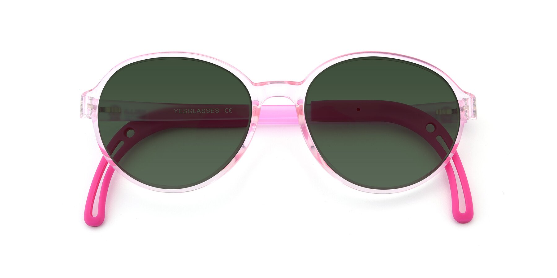 Folded Front of 1020 in Tranparent Pink with Green Tinted Lenses