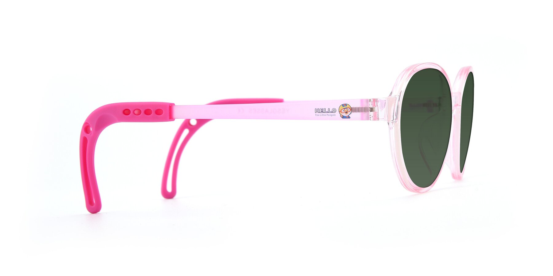 Side of 1020 in Tranparent Pink with Green Tinted Lenses