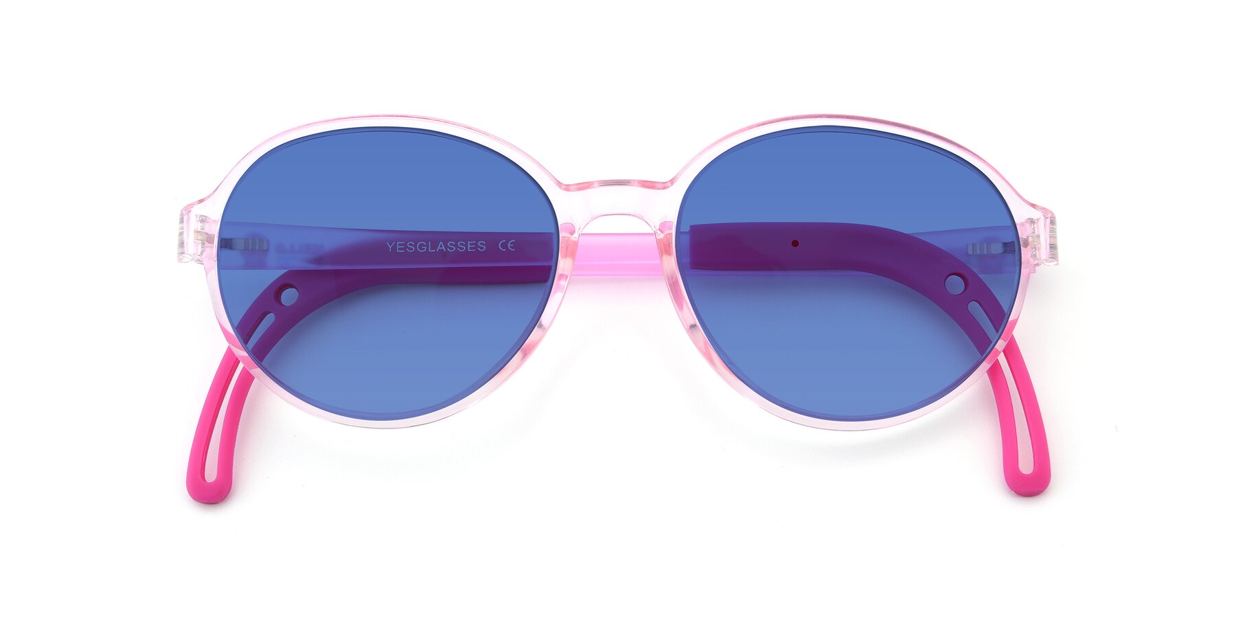 Folded Front of 1020 in Tranparent Pink with Blue Tinted Lenses