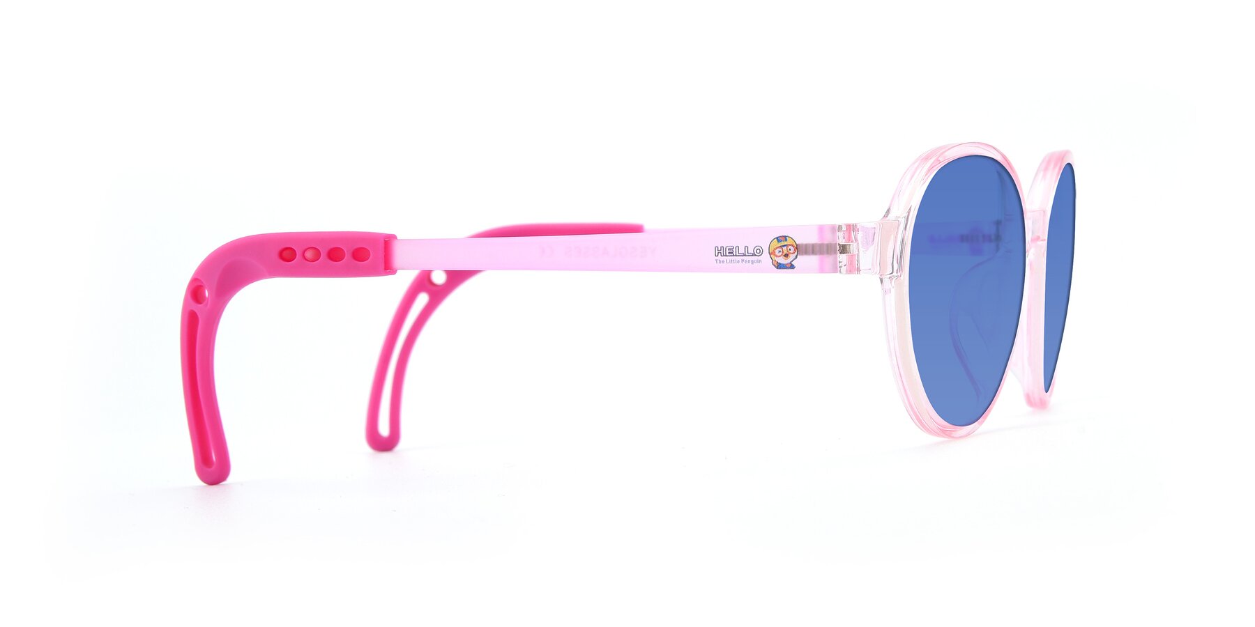 Side of 1020 in Tranparent Pink with Blue Tinted Lenses