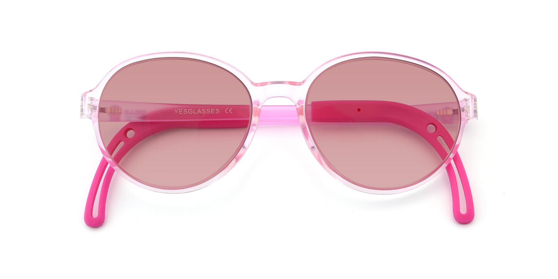 Folded Front of 1020 in Tranparent Pink with Medium Garnet Tinted Lenses