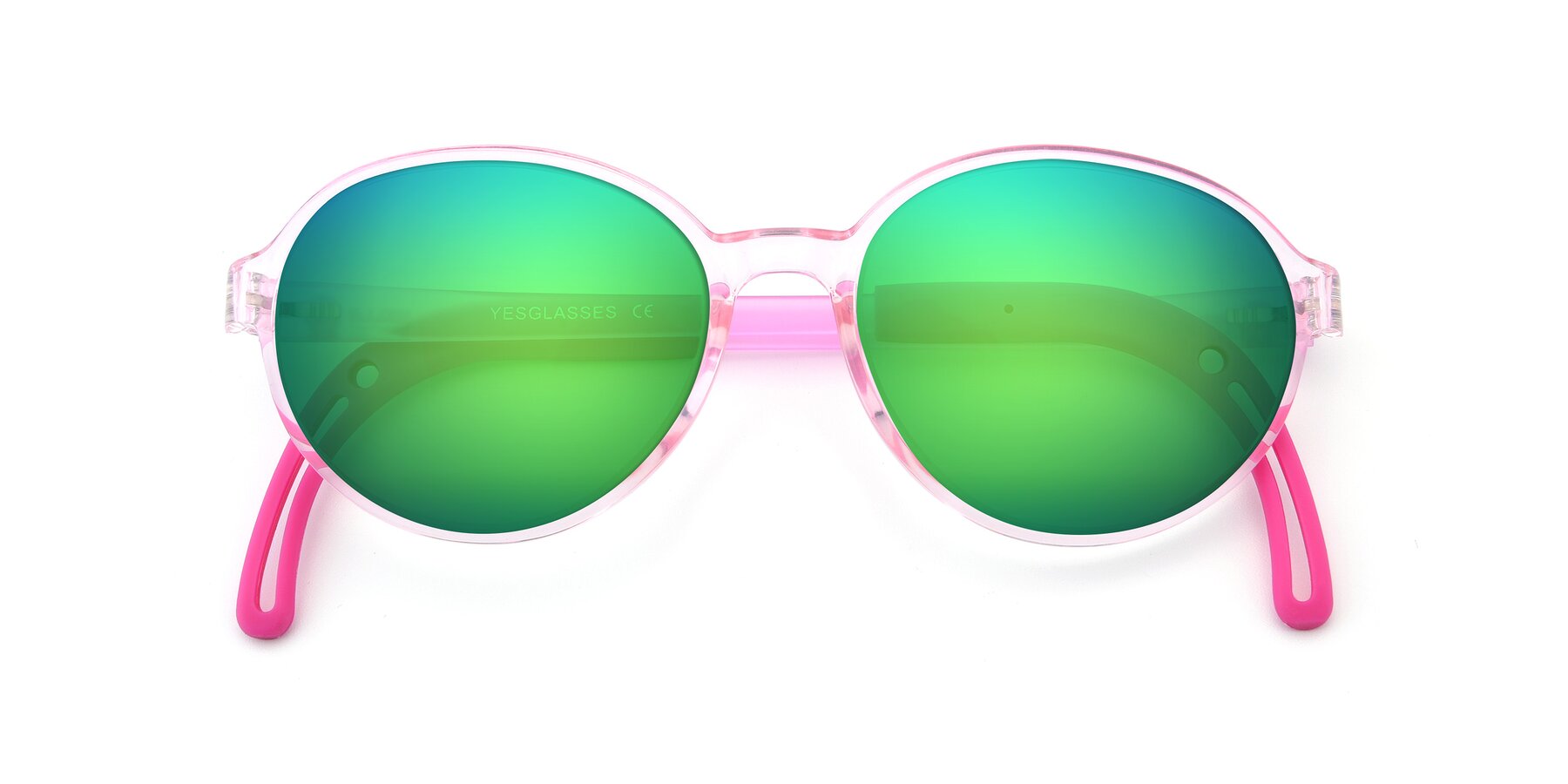 Folded Front of 1020 in Tranparent Pink with Green Mirrored Lenses