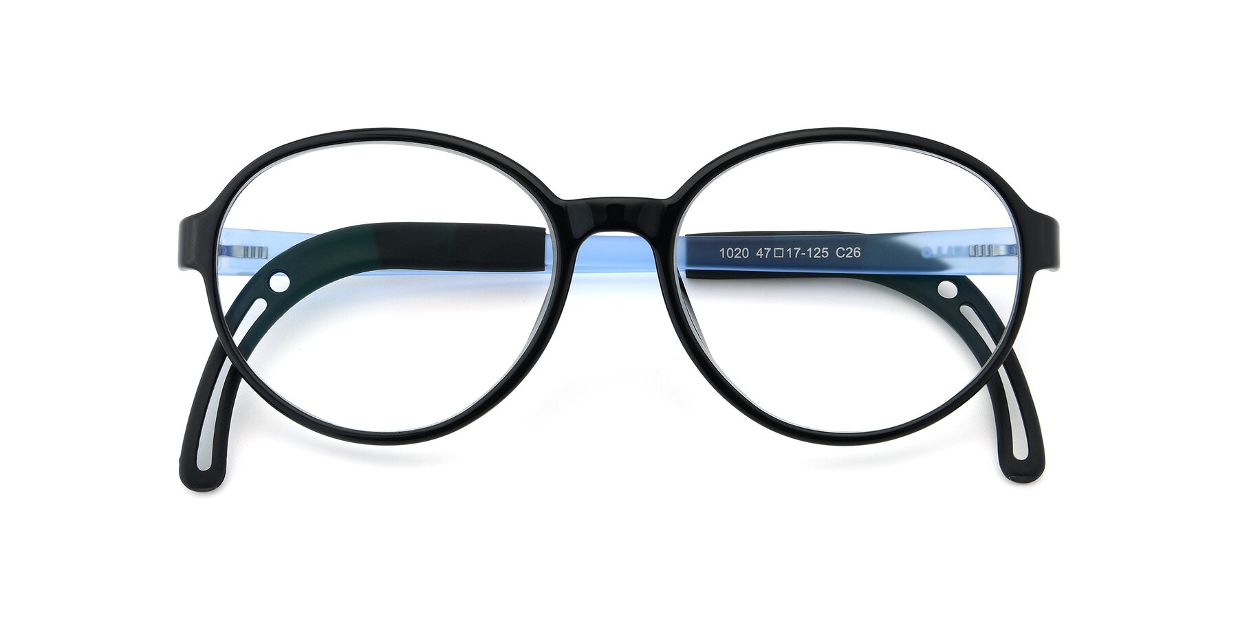 Folded Front of 1020 in Black-Blue with Clear Eyeglass Lenses