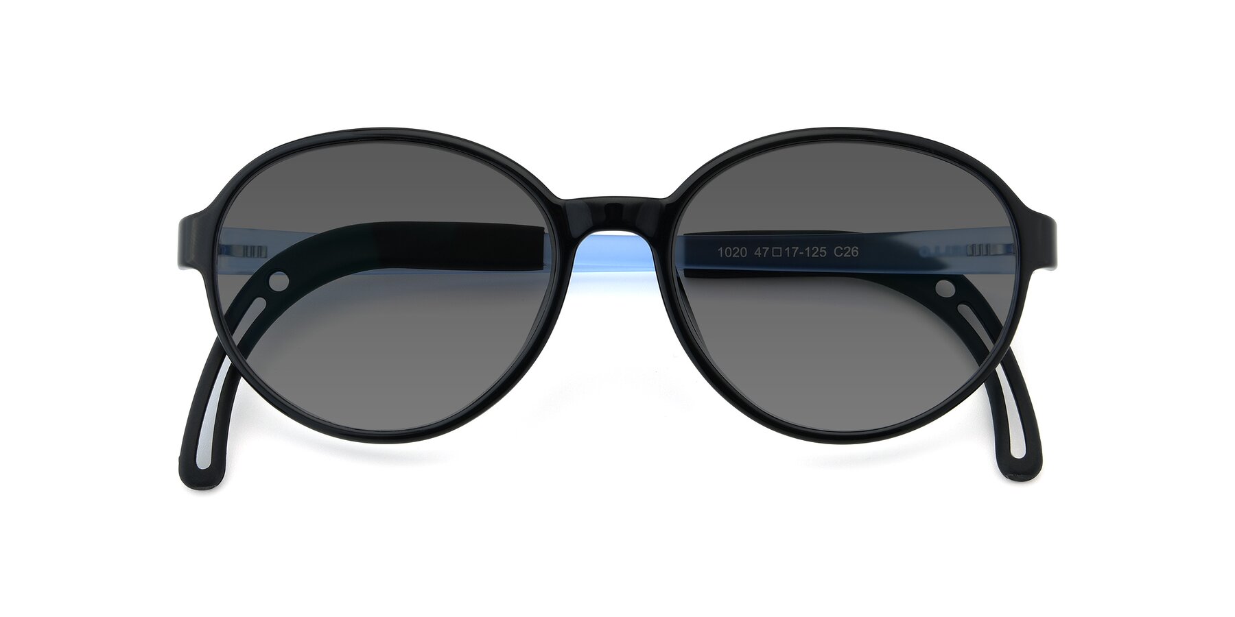 Folded Front of 1020 in Black-Blue with Medium Gray Tinted Lenses