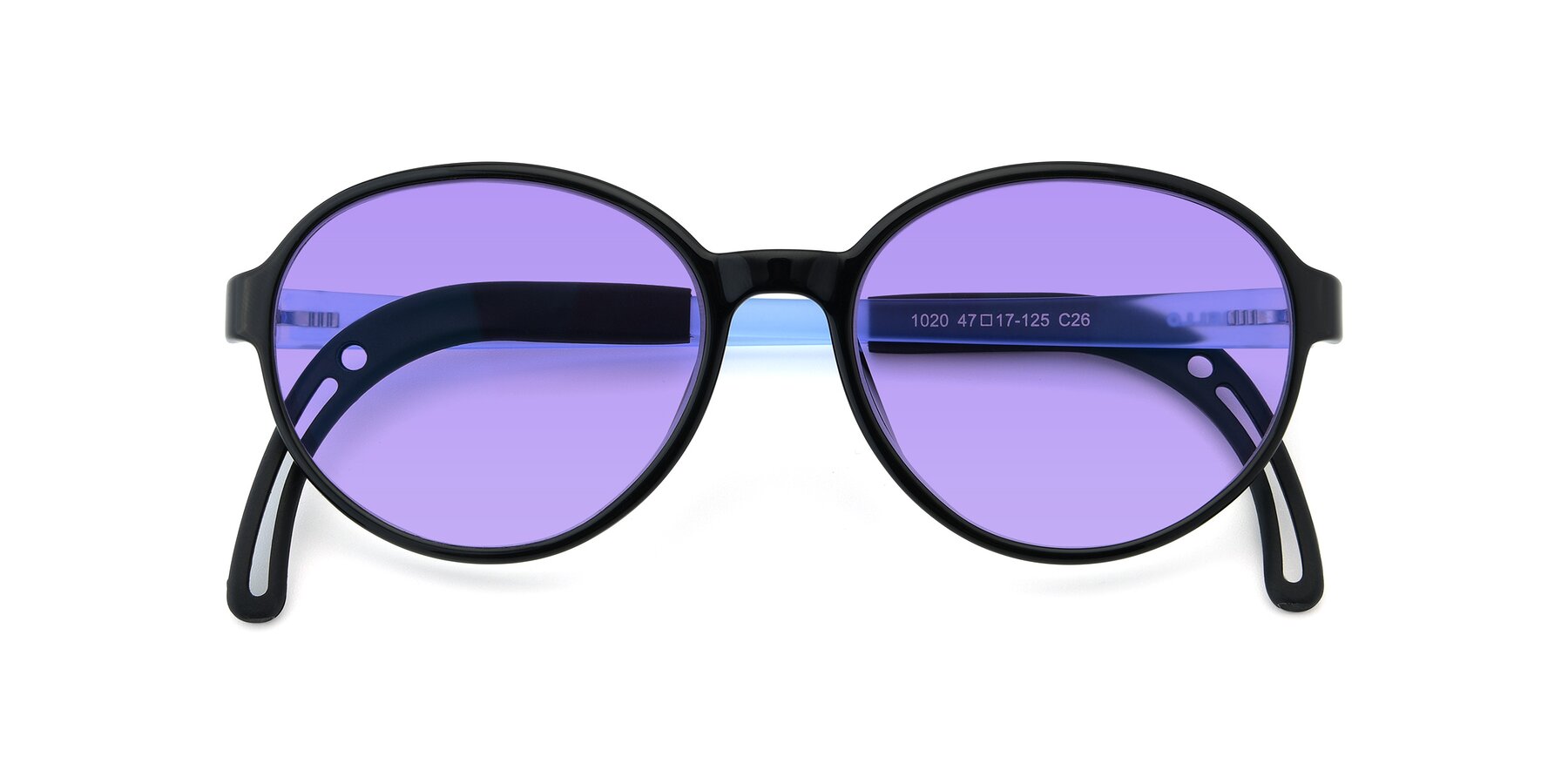 Folded Front of 1020 in Black-Blue with Medium Purple Tinted Lenses