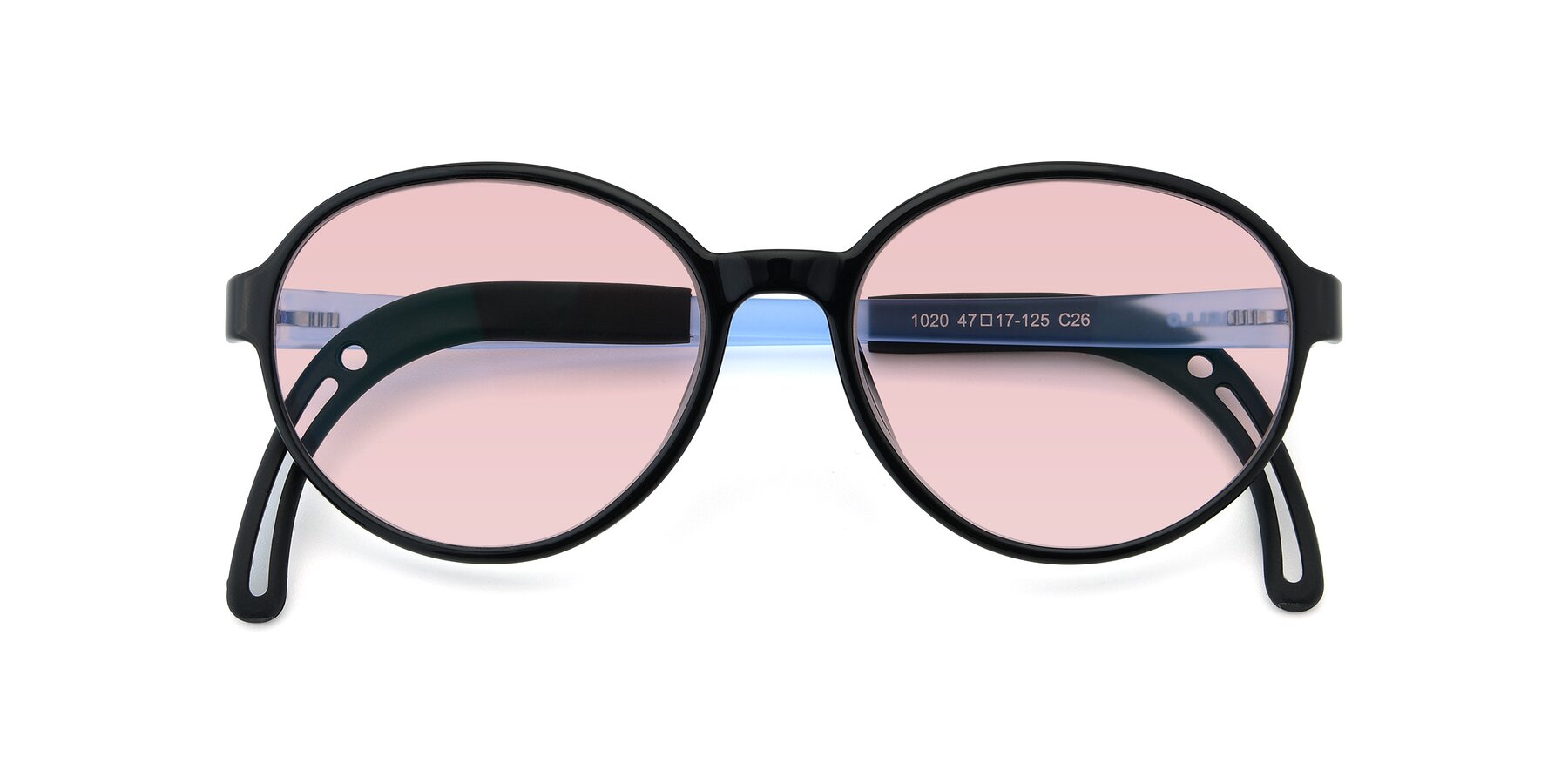 Folded Front of 1020 in Black-Blue with Light Garnet Tinted Lenses