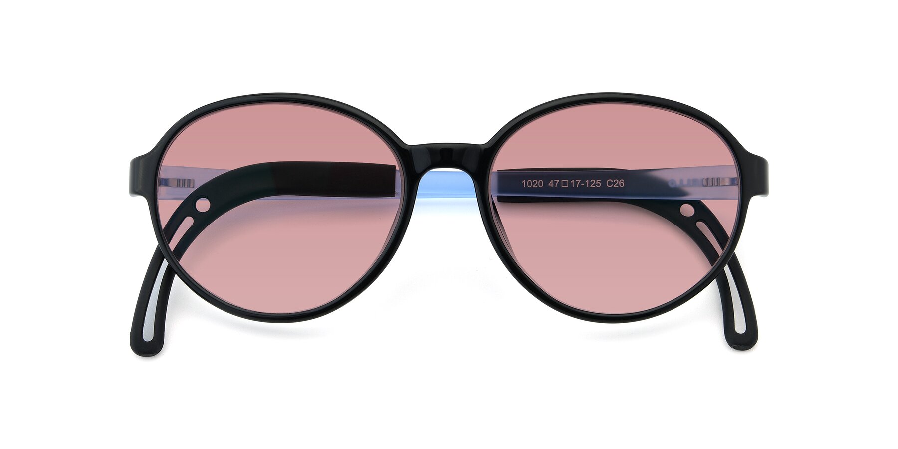 Folded Front of 1020 in Black-Blue with Medium Garnet Tinted Lenses