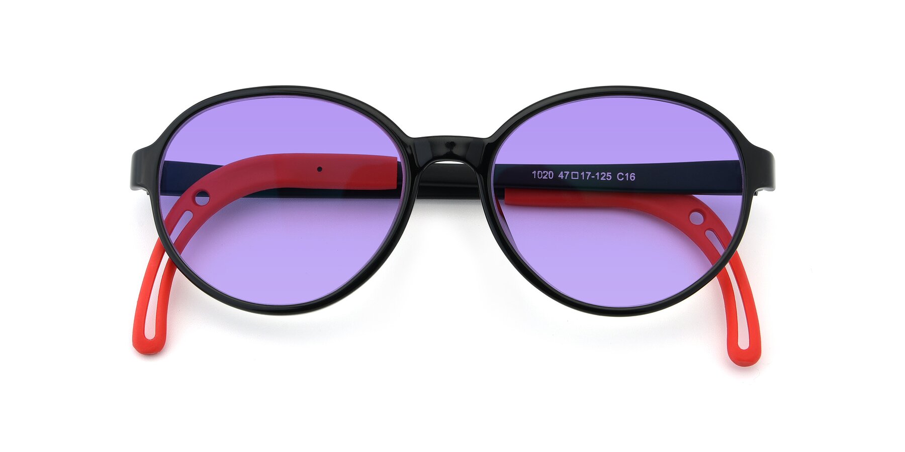 Folded Front of 1020 in Black-Red with Medium Purple Tinted Lenses