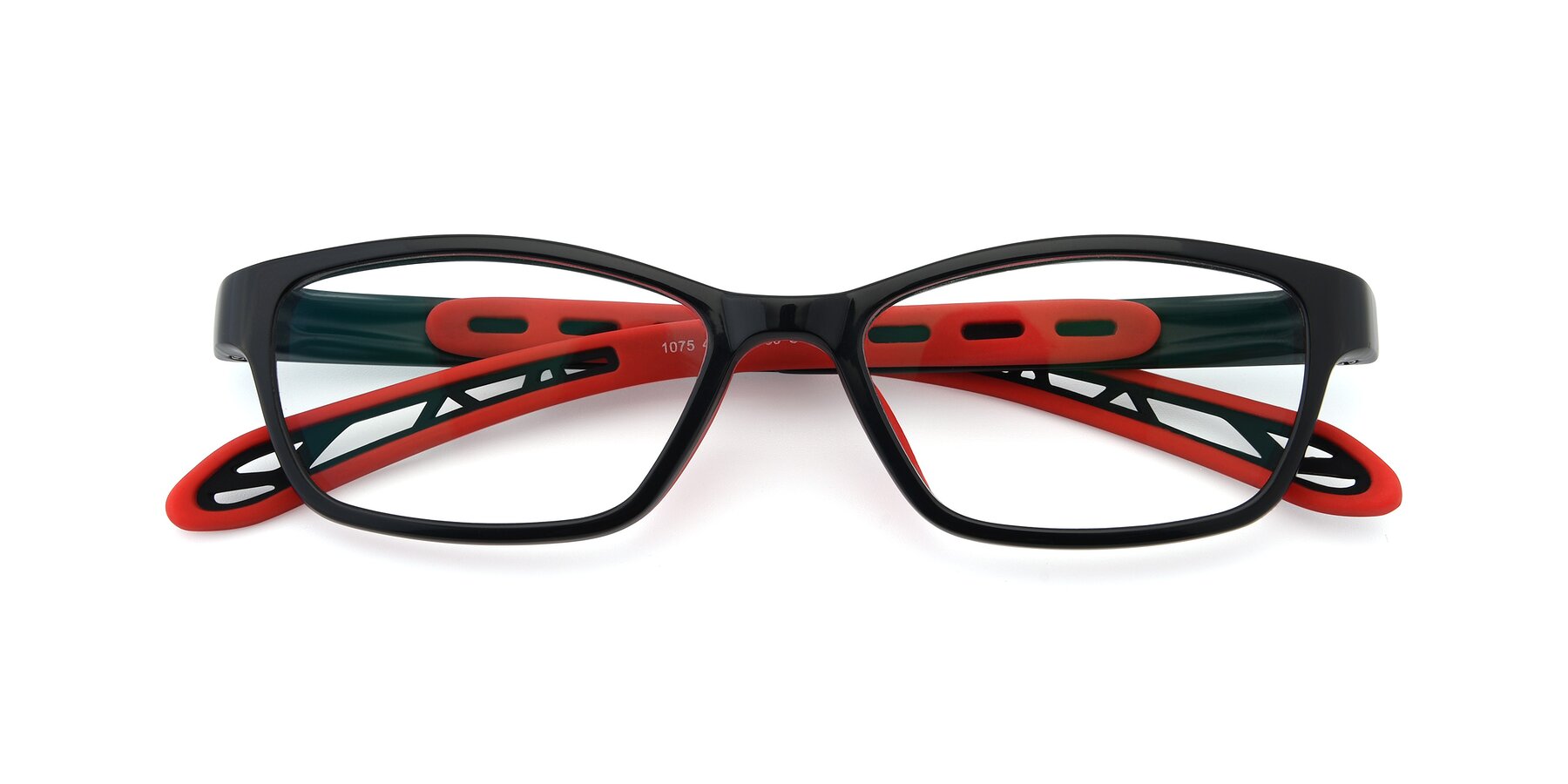 Folded Front of 1075 in Black-Red with Clear Blue Light Blocking Lenses