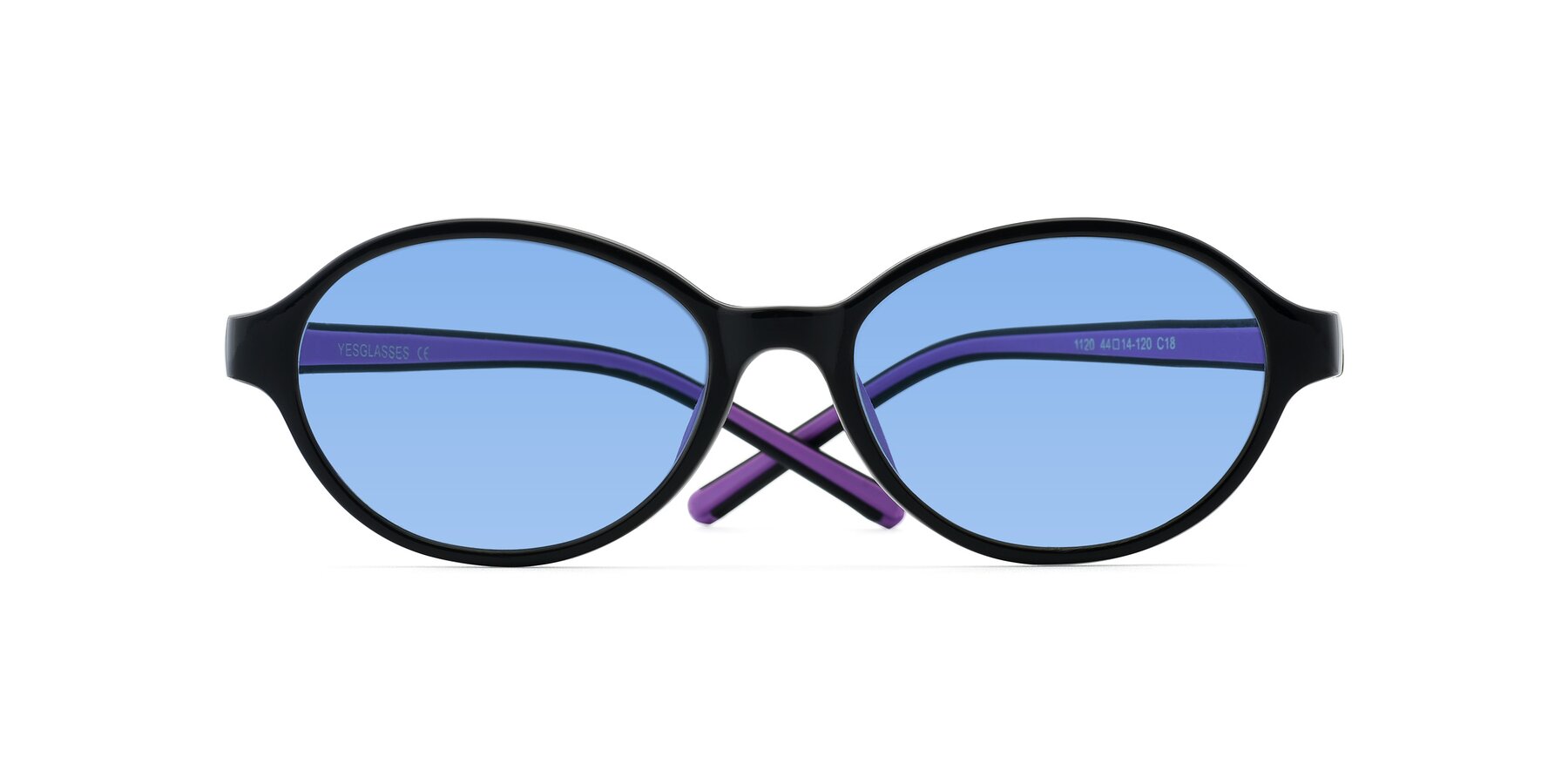 Folded Front of 1120 in Black-Purple with Medium Blue Tinted Lenses