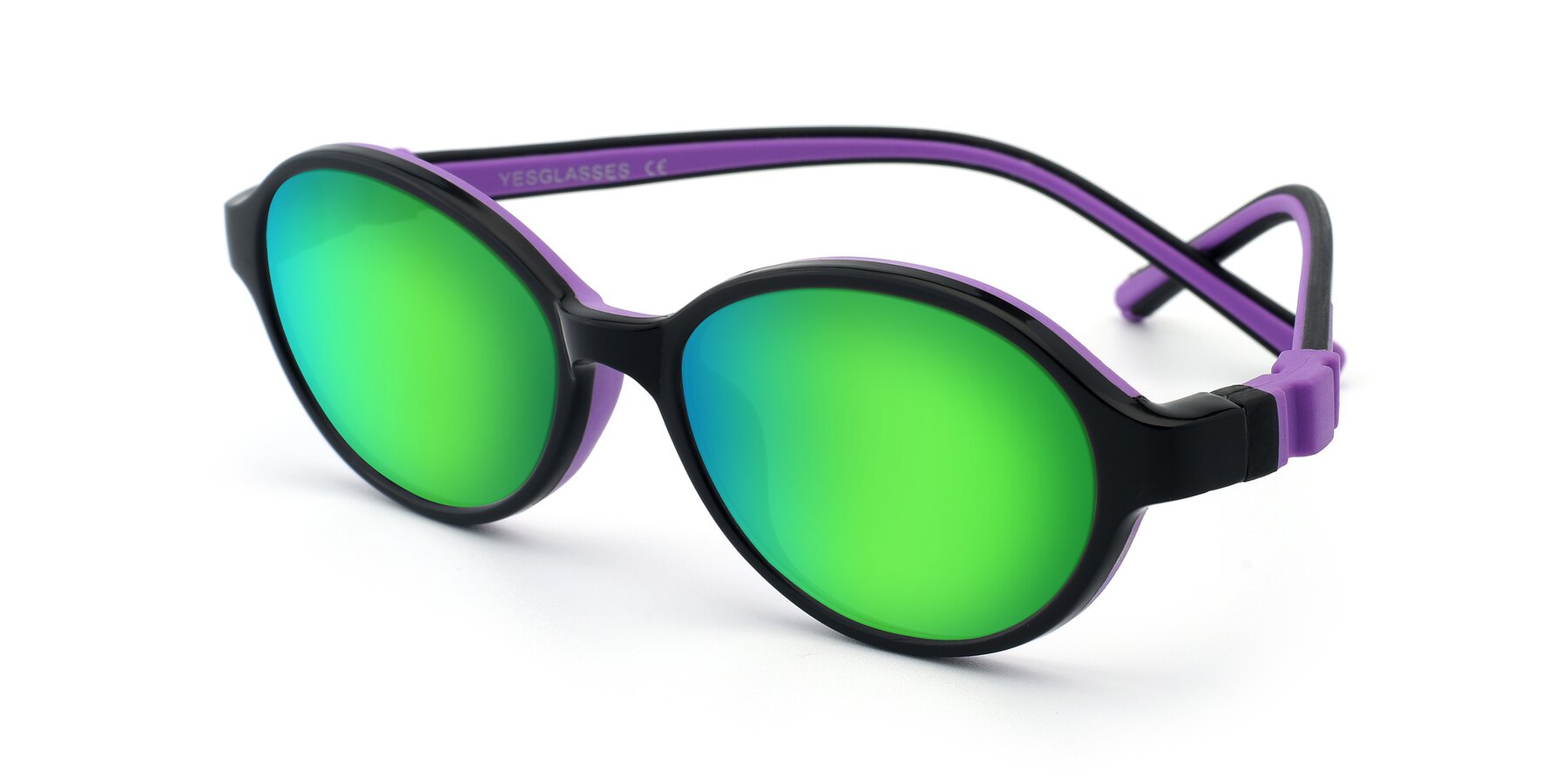 Angle of 1120 in Black-Purple with Green Mirrored Lenses