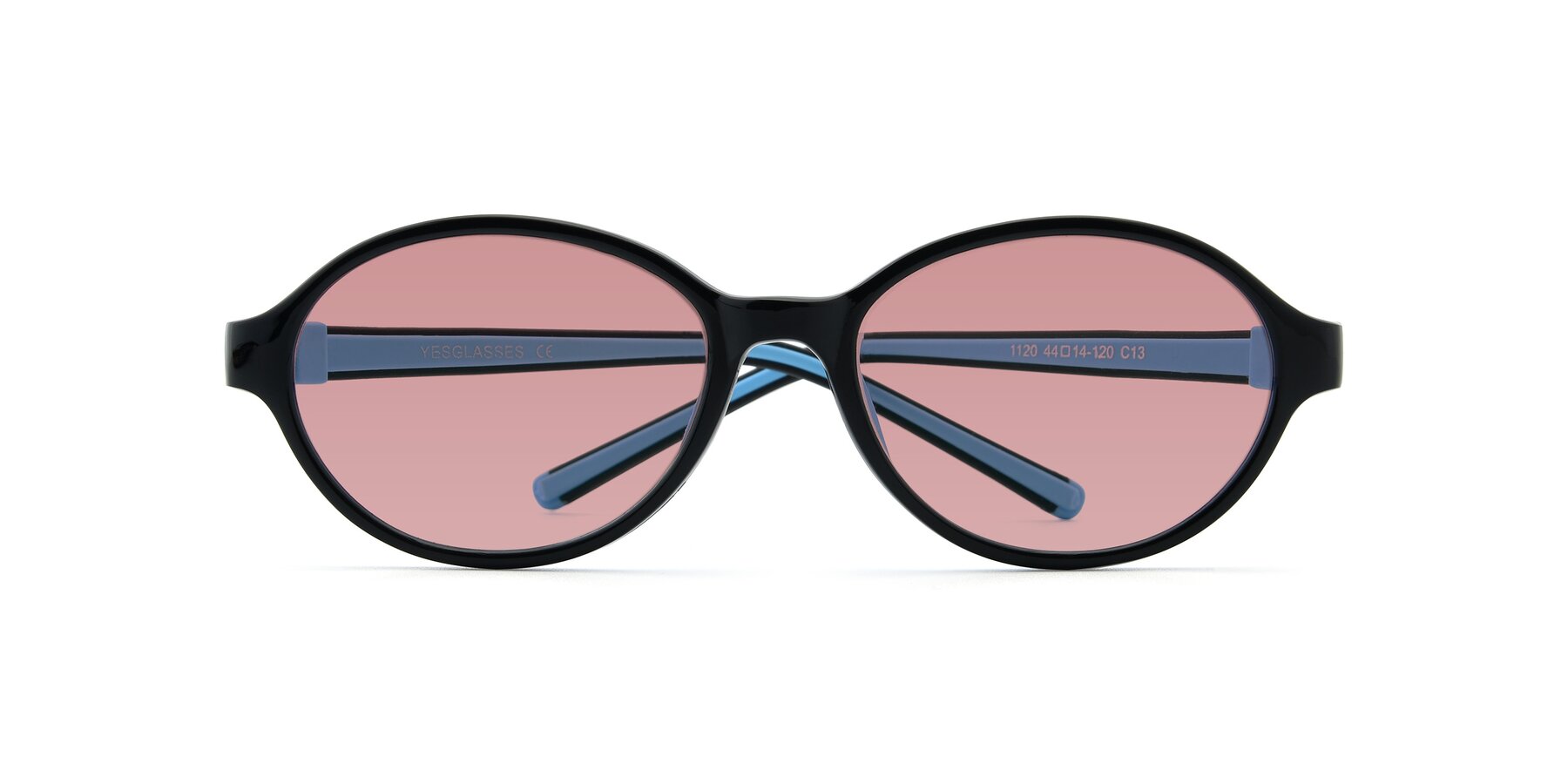 Folded Front of 1120 in Black-Blue with Medium Garnet Tinted Lenses