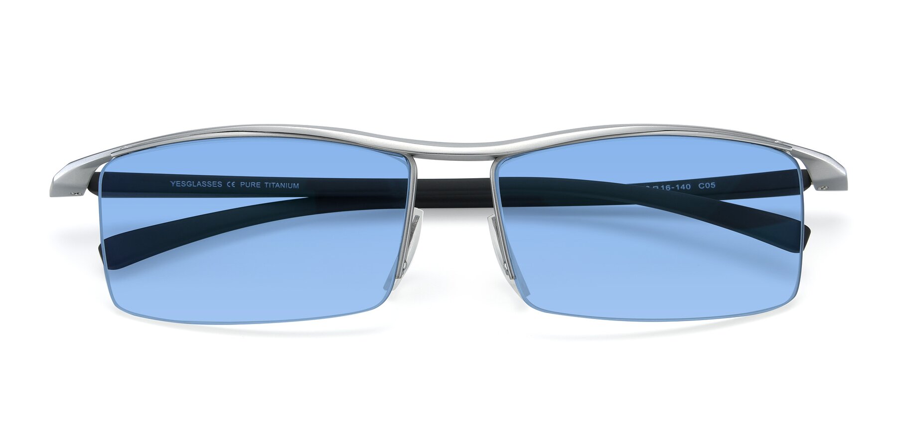 Folded Front of 40001 in Silver with Medium Blue Tinted Lenses