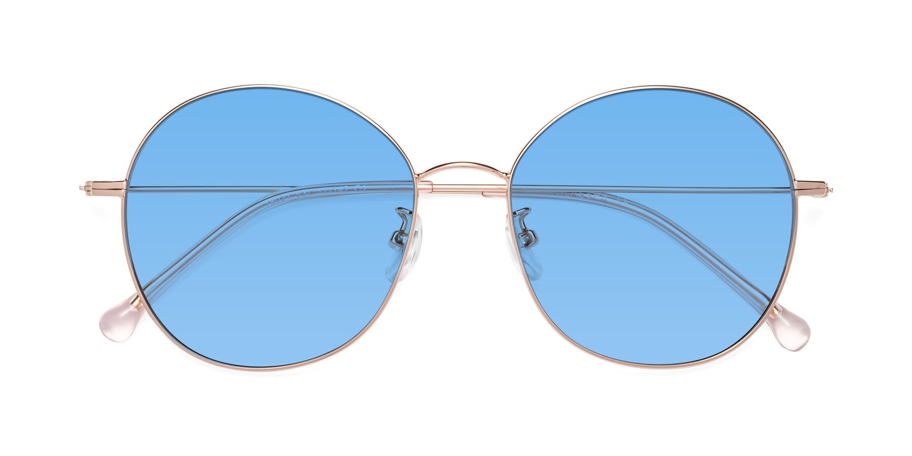 Folded Front of Dallas in Rose Gold with Medium Blue Tinted Lenses