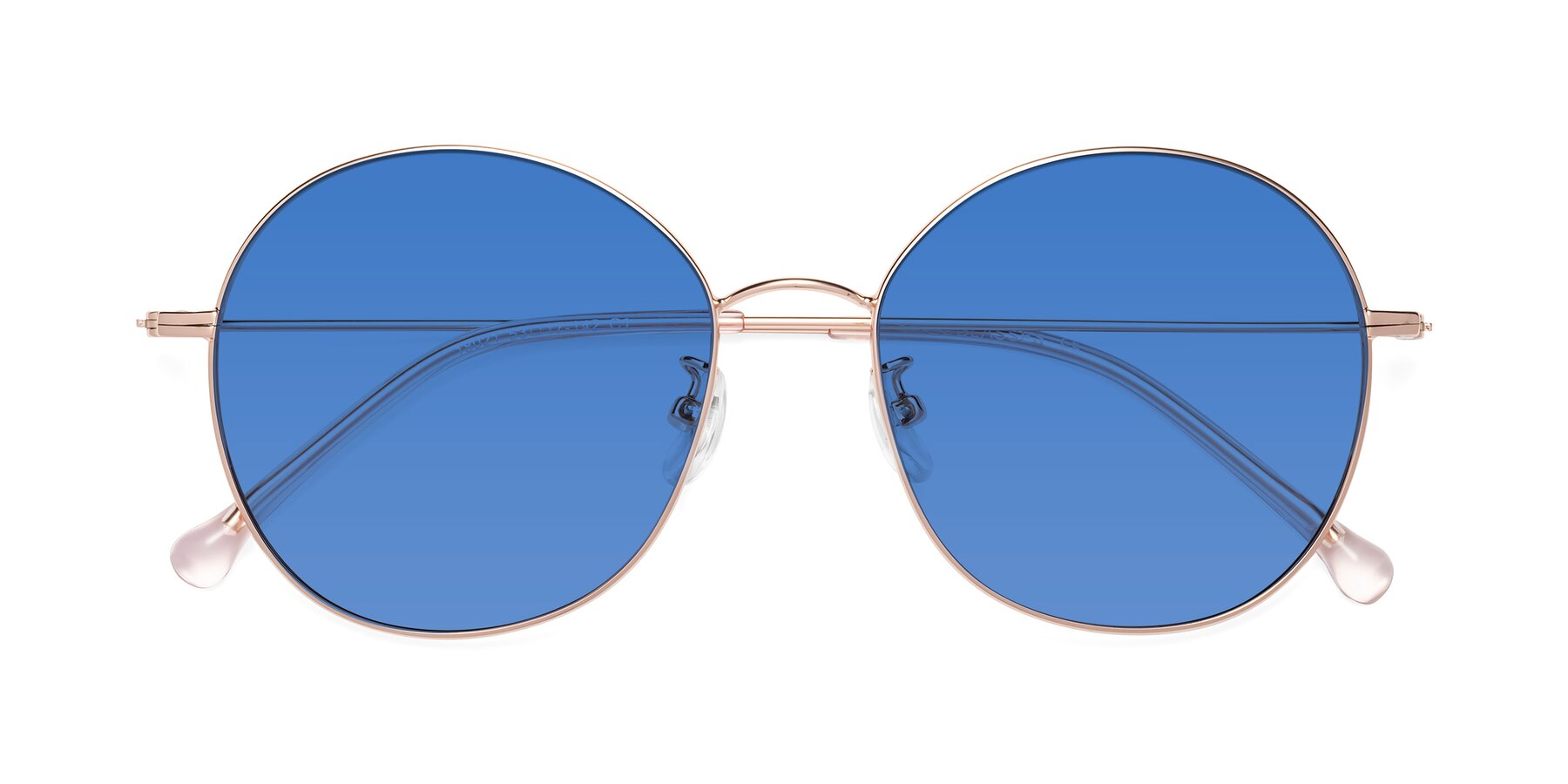 Folded Front of Dallas in Rose Gold with Blue Tinted Lenses