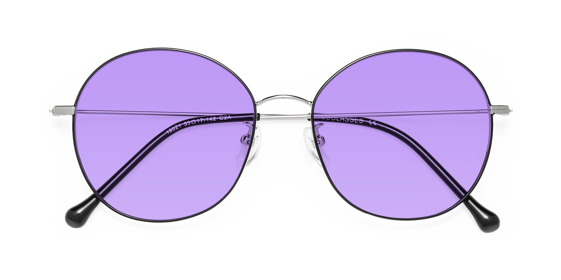 Folded Front of Dallas in Black-Silver with Medium Purple Tinted Lenses