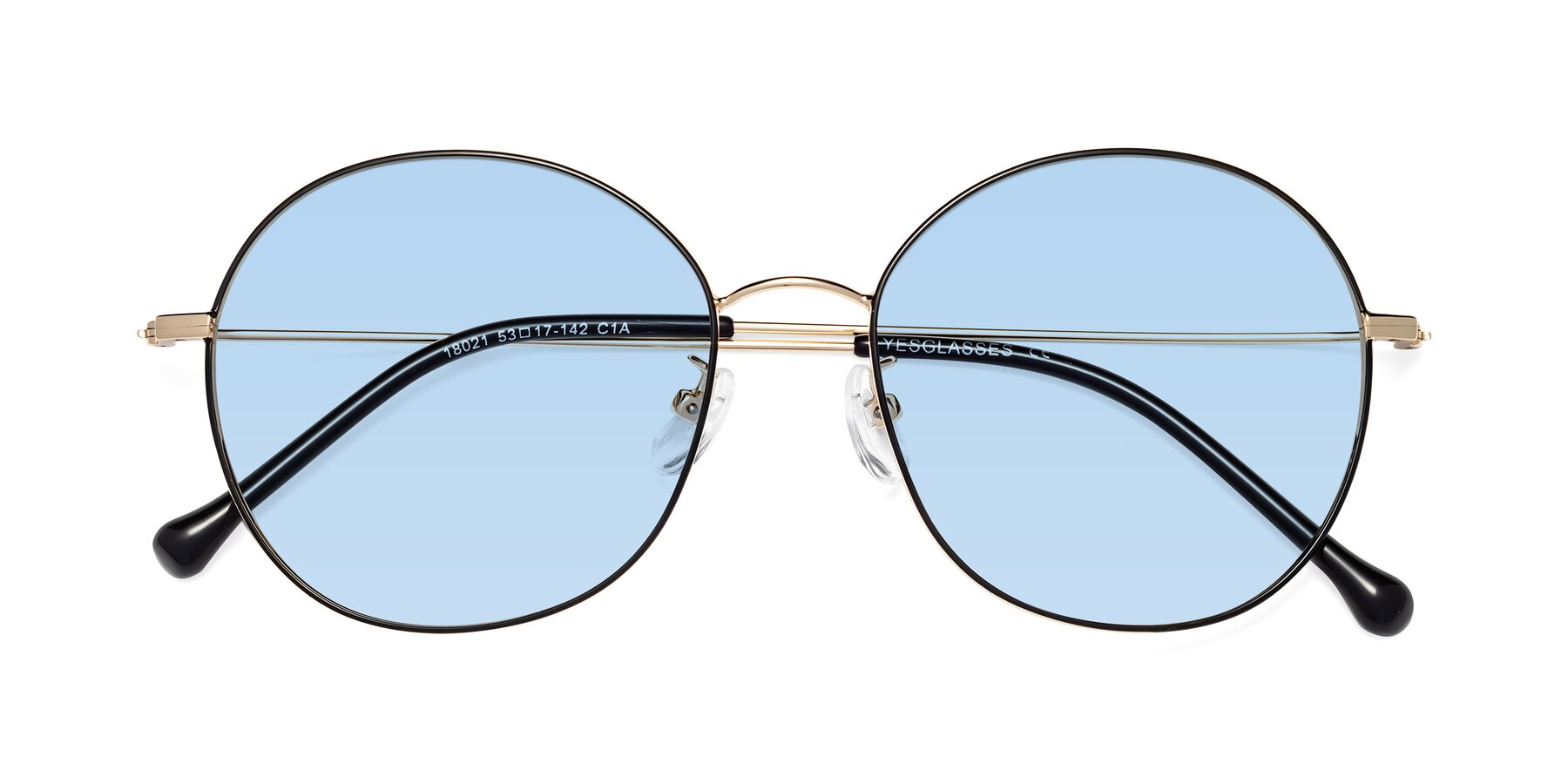 Folded Front of Dallas in Black-Gold with Light Blue Tinted Lenses