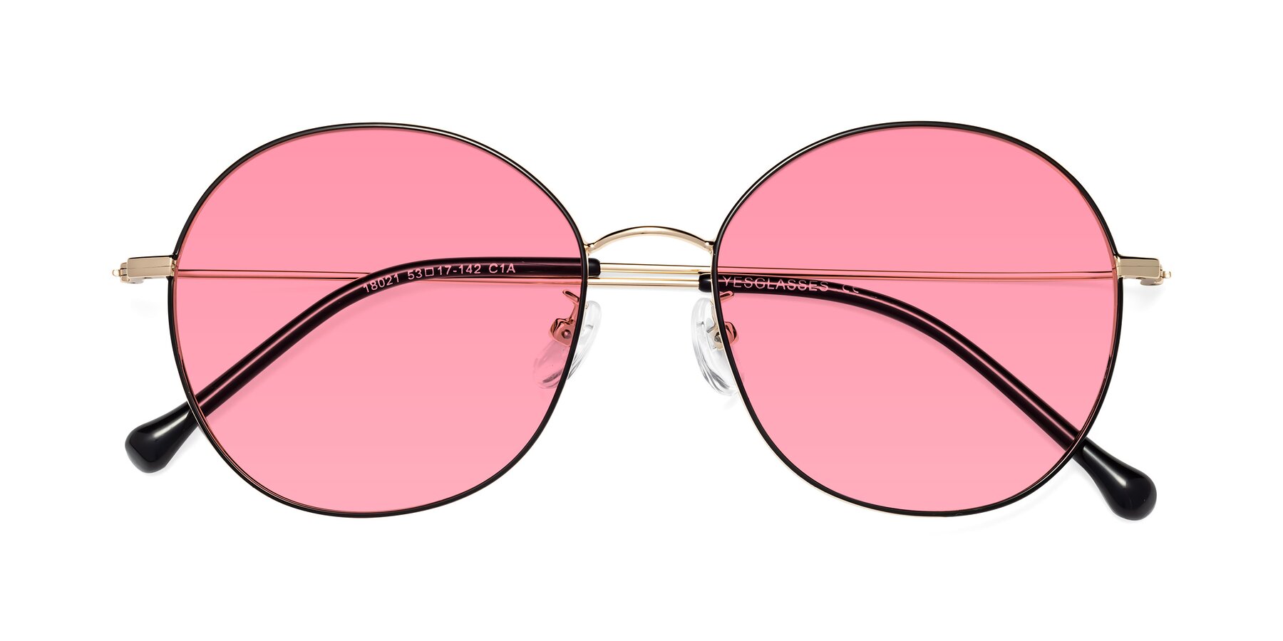 Folded Front of Dallas in Black-Gold with Pink Tinted Lenses