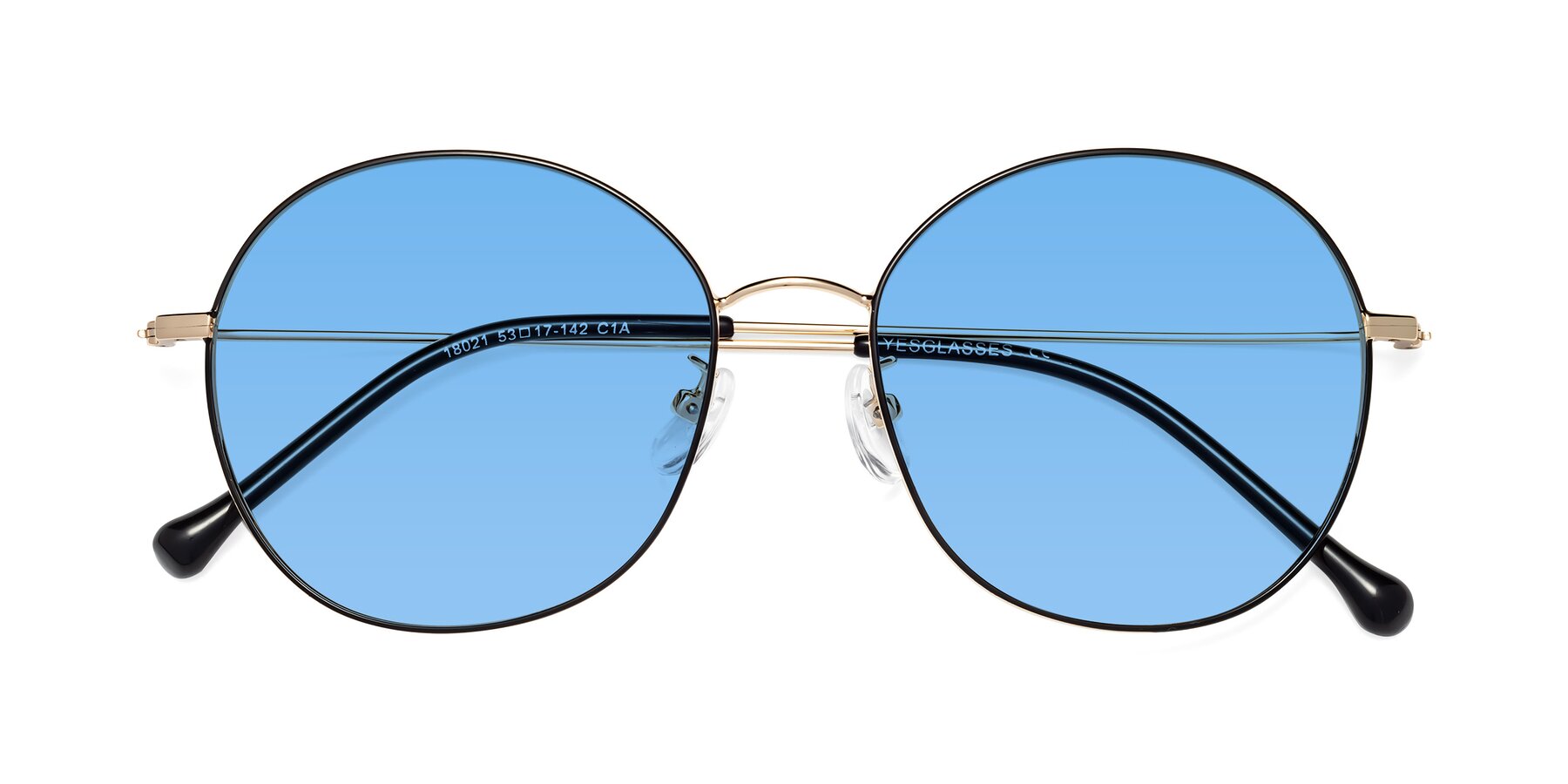 Folded Front of Dallas in Black-Gold with Medium Blue Tinted Lenses