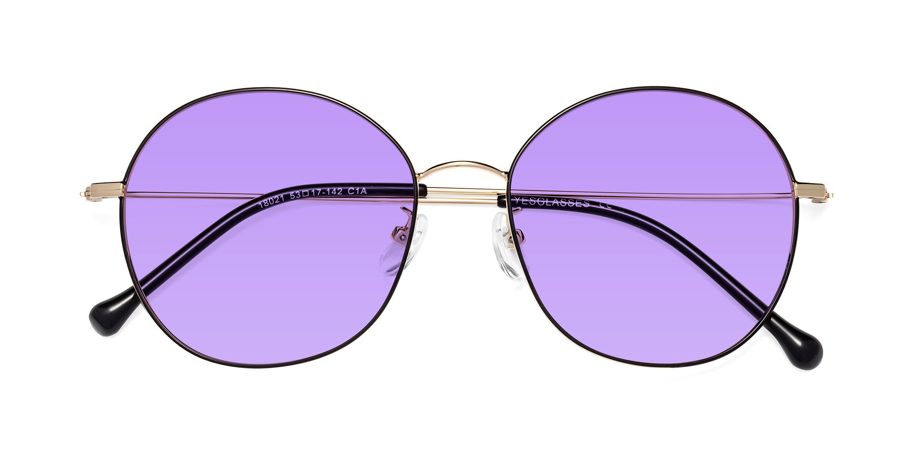 Folded Front of Dallas in Black-Gold with Medium Purple Tinted Lenses
