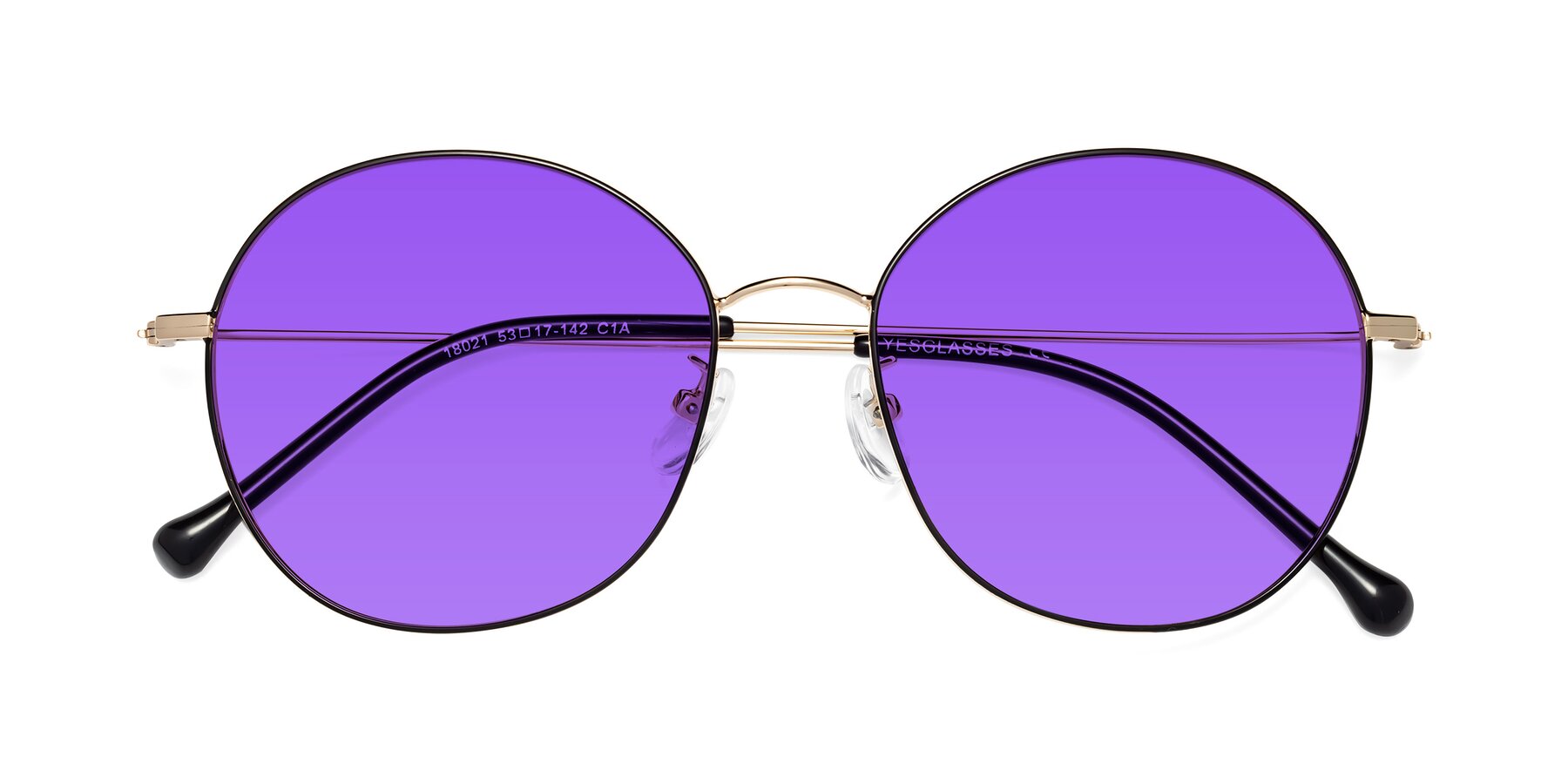 Folded Front of Dallas in Black-Gold with Purple Tinted Lenses
