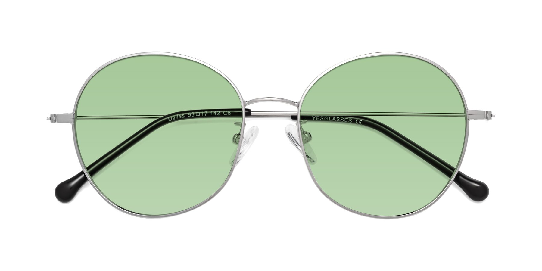 Folded Front of Dallas in Silver with Medium Green Tinted Lenses