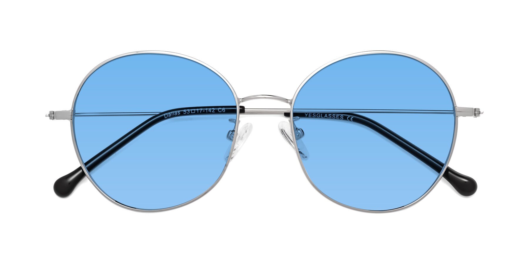 Folded Front of Dallas in Silver with Medium Blue Tinted Lenses