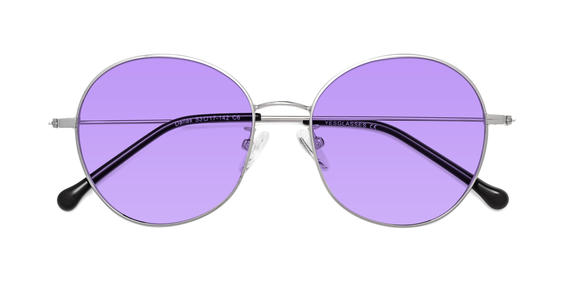 Folded Front of Dallas in Silver with Medium Purple Tinted Lenses