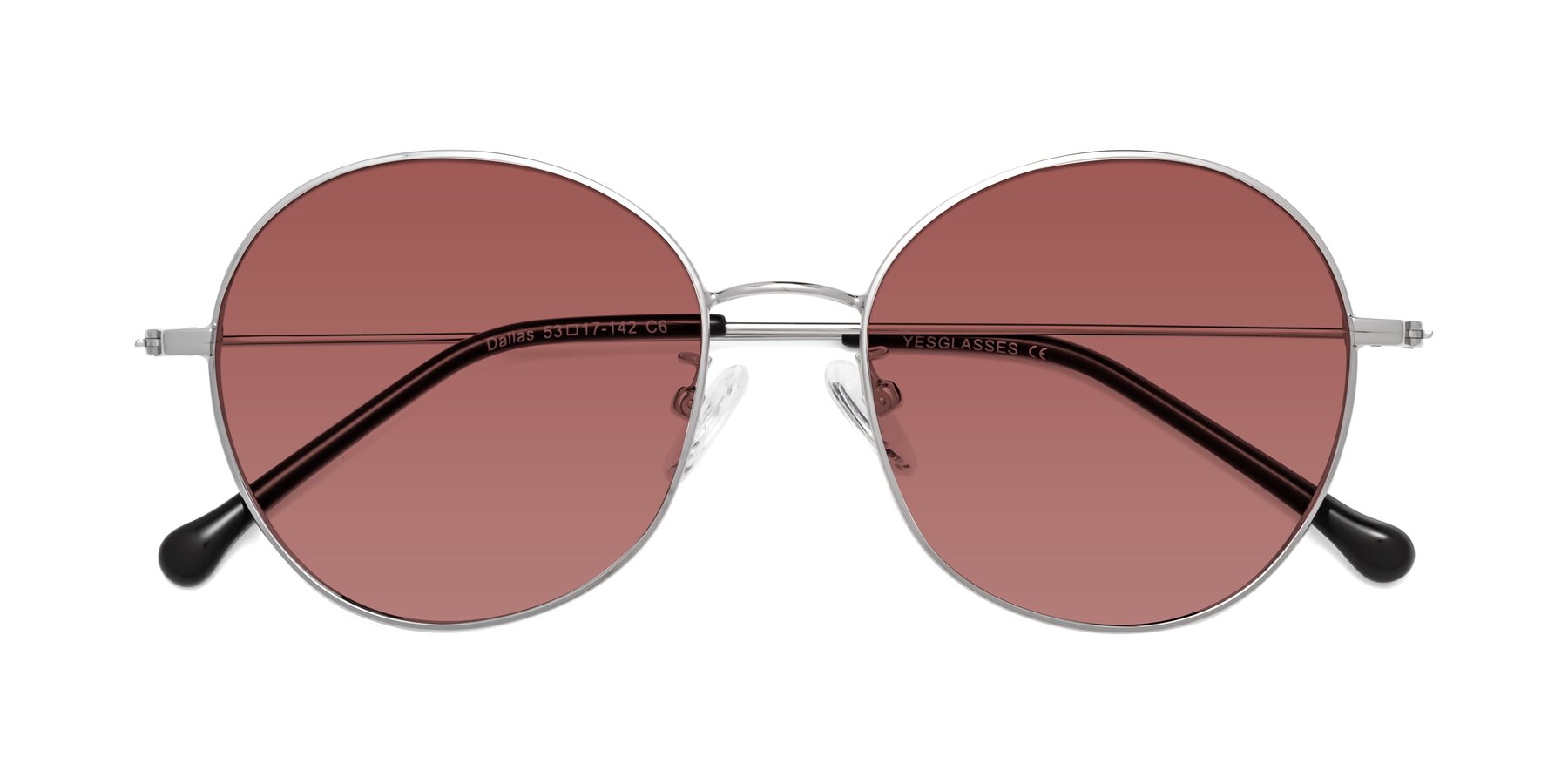 Folded Front of Dallas in Silver with Garnet Tinted Lenses