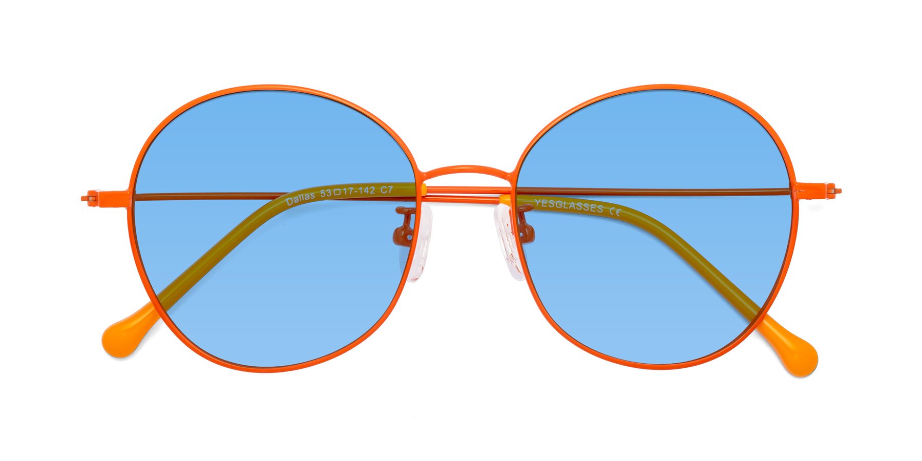 Folded Front of Dallas in Orange with Medium Blue Tinted Lenses