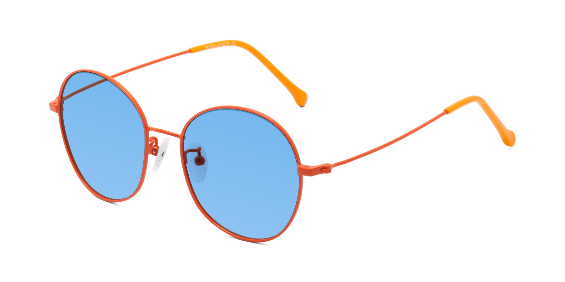 Angle of Dallas in Orange with Medium Blue Tinted Lenses