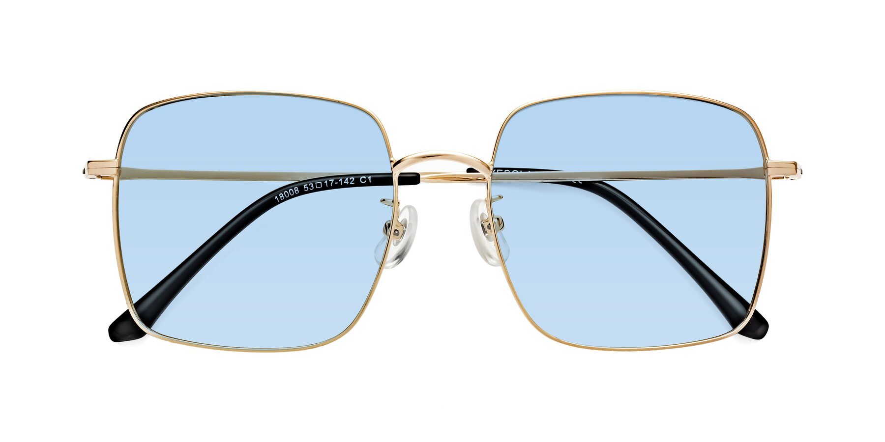 Folded Front of Billie in Gold with Light Blue Tinted Lenses